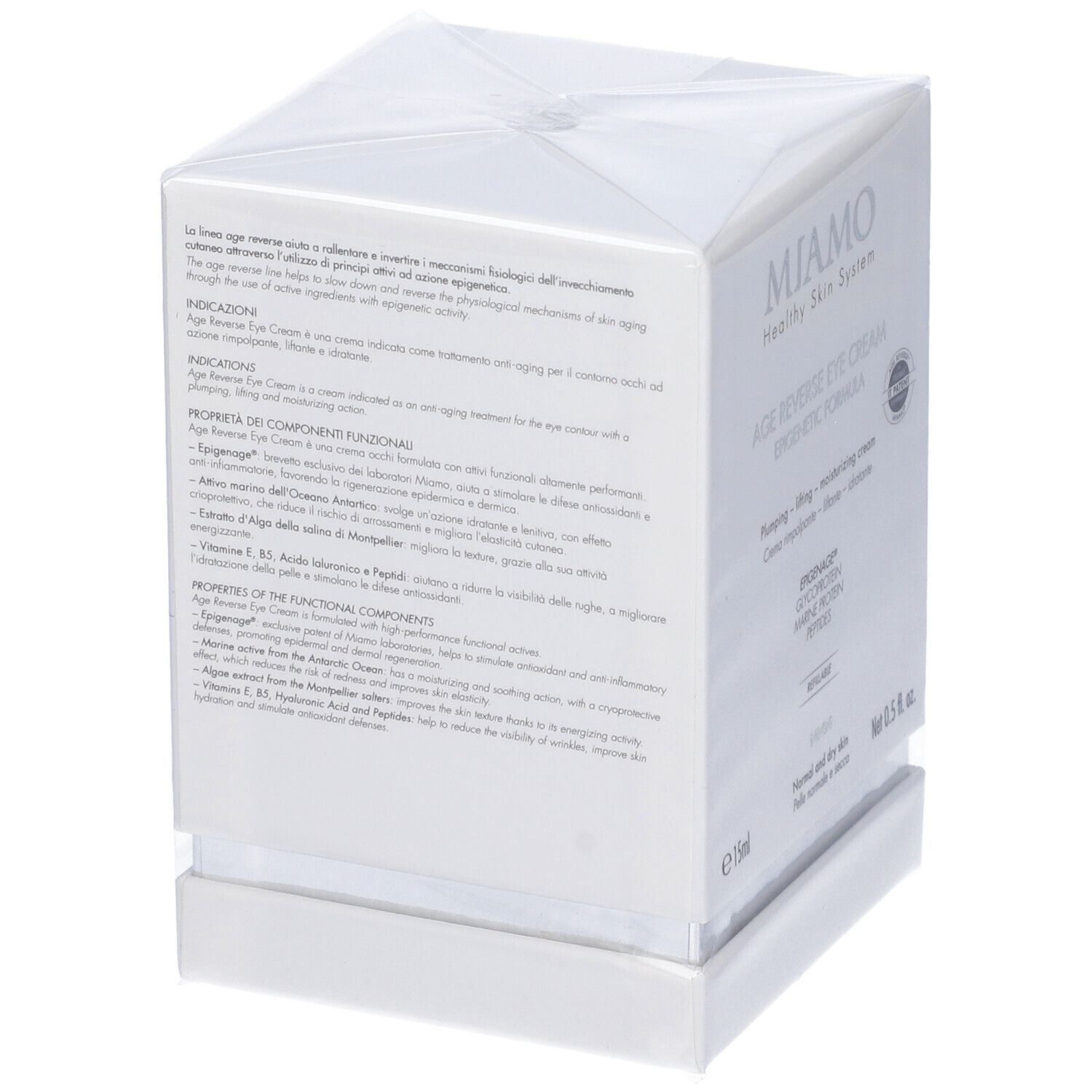 Confezione bianca con informazioni sul prodotto. Scritta: Miamo, Age Reverse Eye Cream, ingredienti.