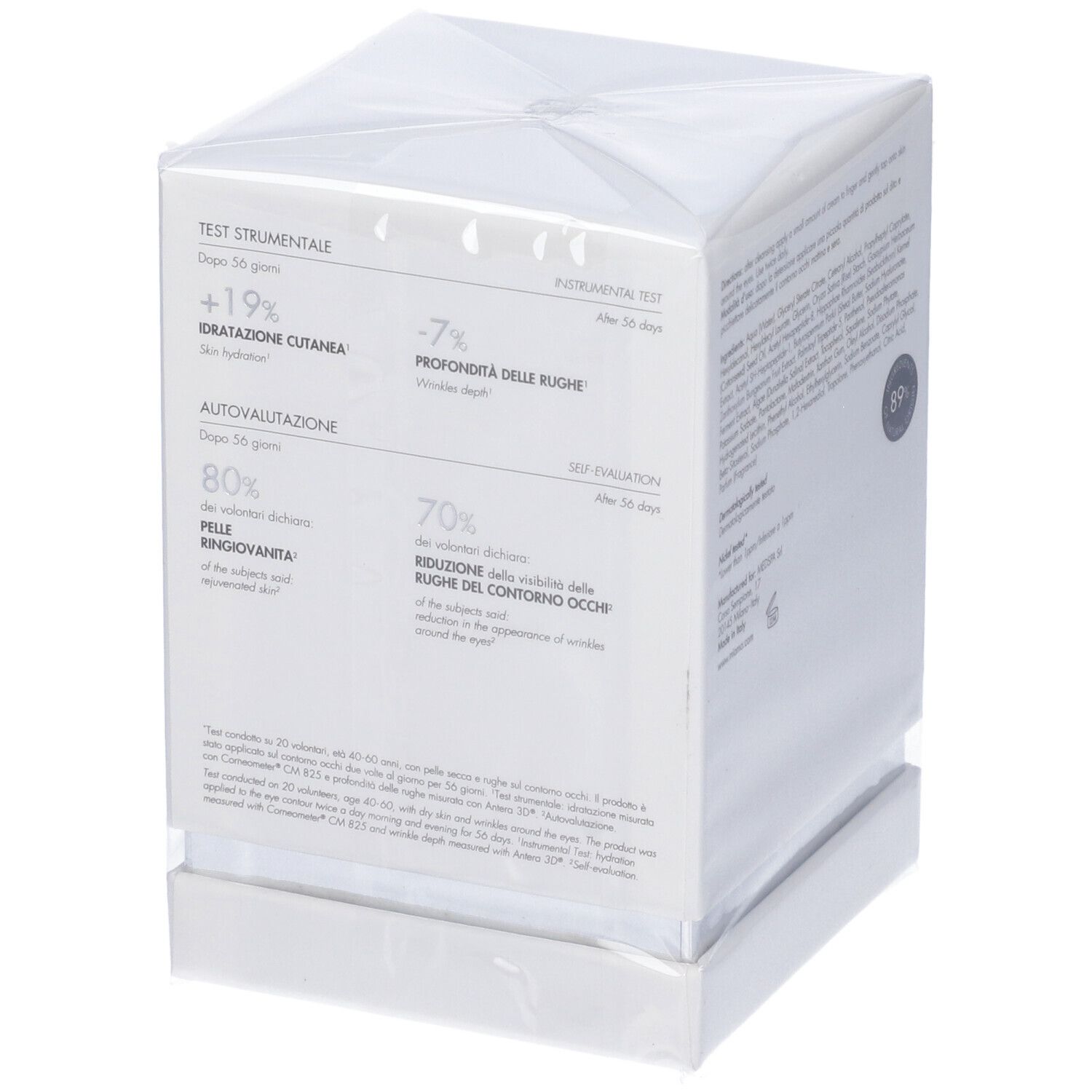Confezione bianca con informazioni sul prodotto. Scritta: Miamo, Age Reverse Eye Cream, risultati test.