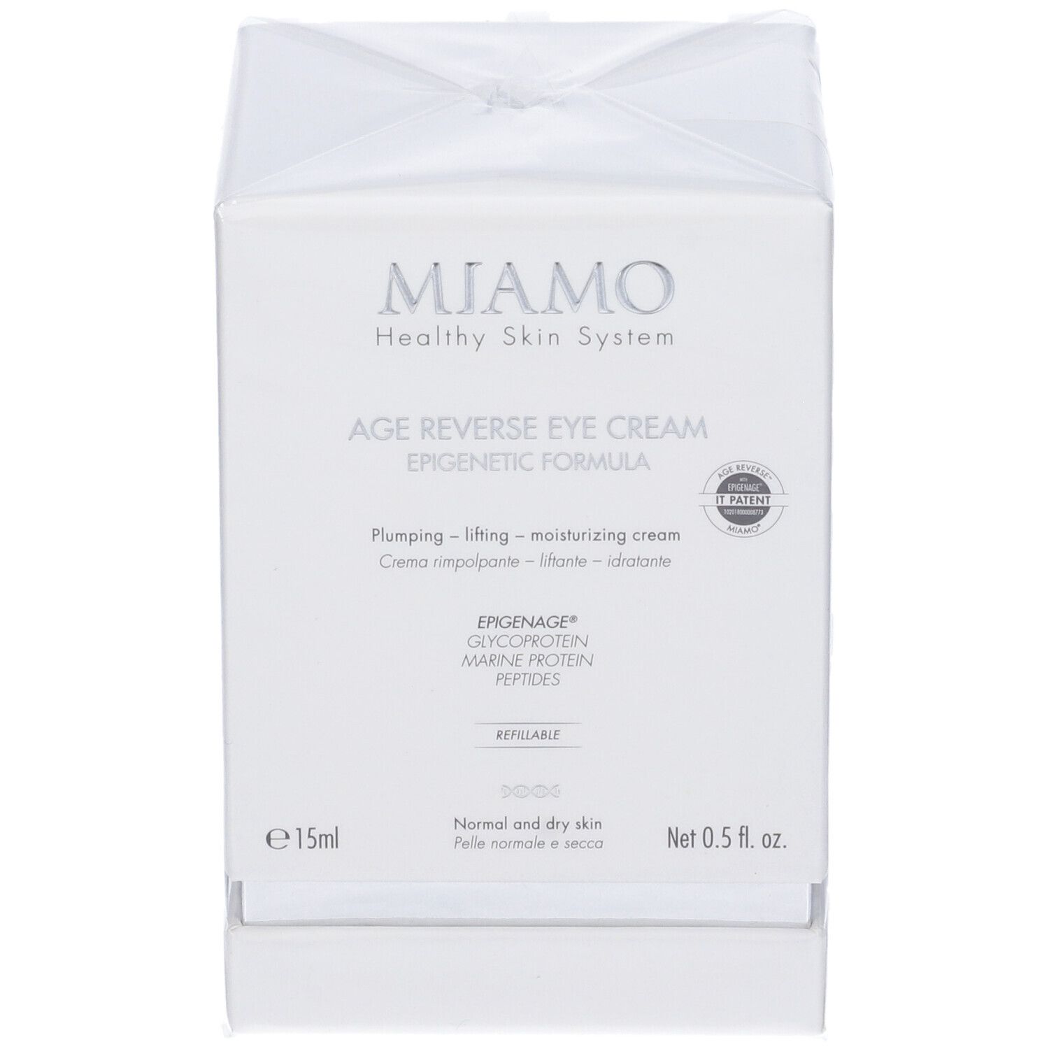 Confezione bianca con informazioni sul prodotto. Scritta: Miamo, Age Reverse Eye Cream, 15ml.