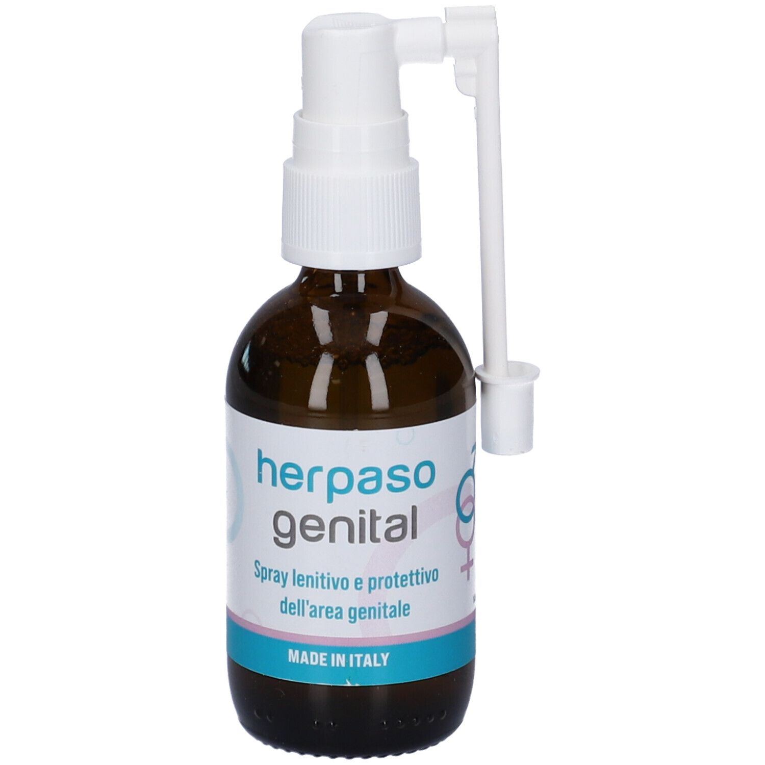 Flacone di vetro marrone con nebulizzatore e applicatore bianchi. Scritta: Herpaso genital. Made in Italy.