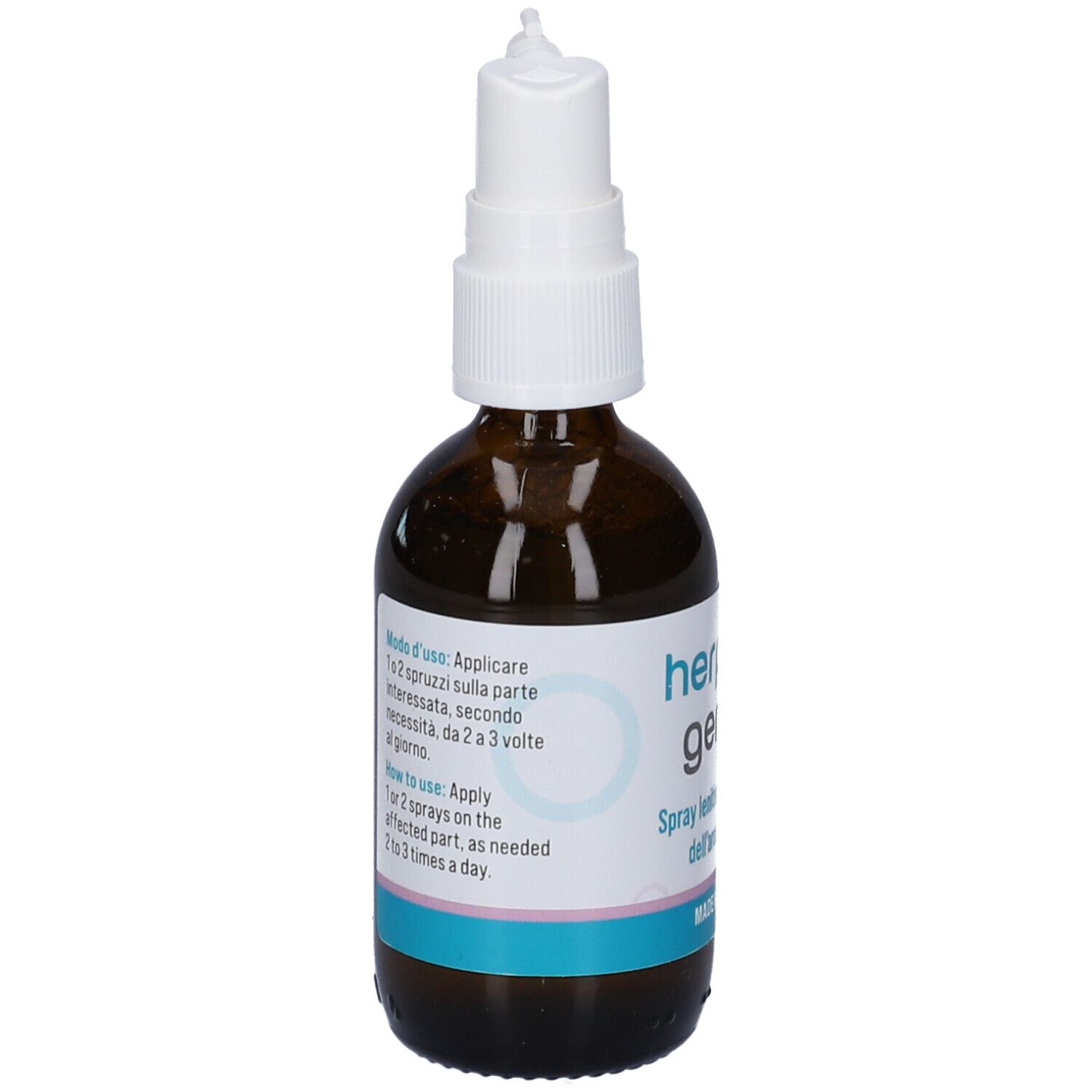 Flacone di vetro marrone con nebulizzatore bianco. Scritta: Herpaso genital. Istruzioni sul retro.