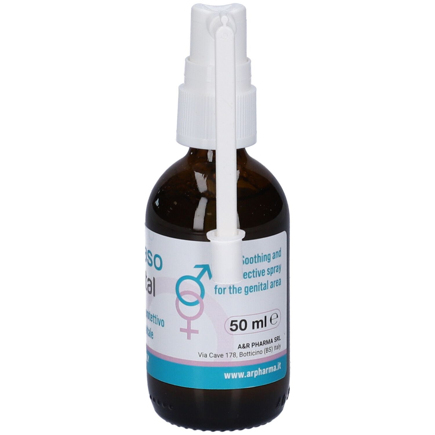 Flacone di vetro marrone con nebulizzatore e applicatore bianchi. Scritta: Herpaso genital, 50 ml. Logo A&R Pharma.
