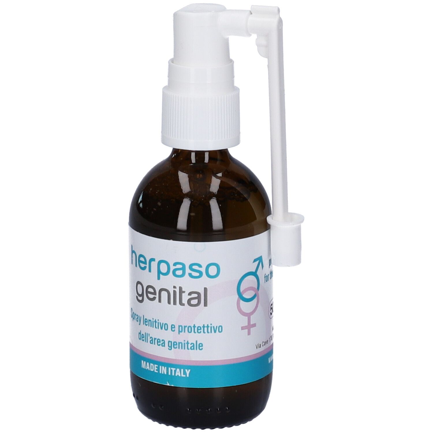 Flacone di vetro marrone con nebulizzatore e applicatore bianchi. Scritta: Herpaso genital. Made in Italy. Logo A&R Pharma.
