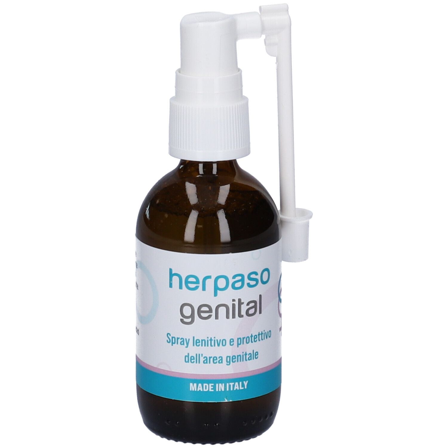Flacone di vetro marrone con nebulizzatore e applicatore bianchi. Scritta: Herpaso genital. Made in Italy.