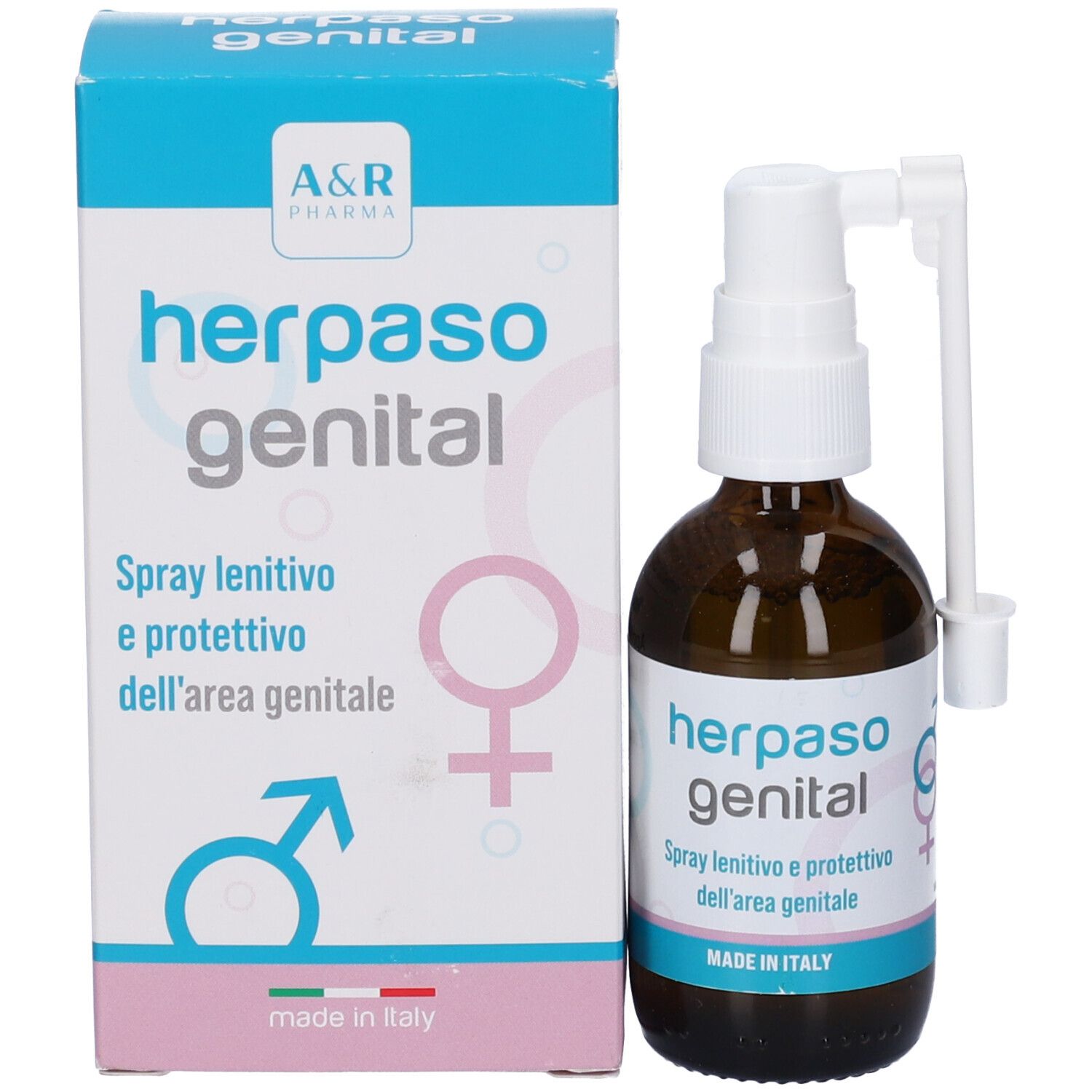 Prodotto Herpaso genital e confezione. Flacone marrone con nebulizzatore bianco e scatola. Scritta: Herpaso genital.