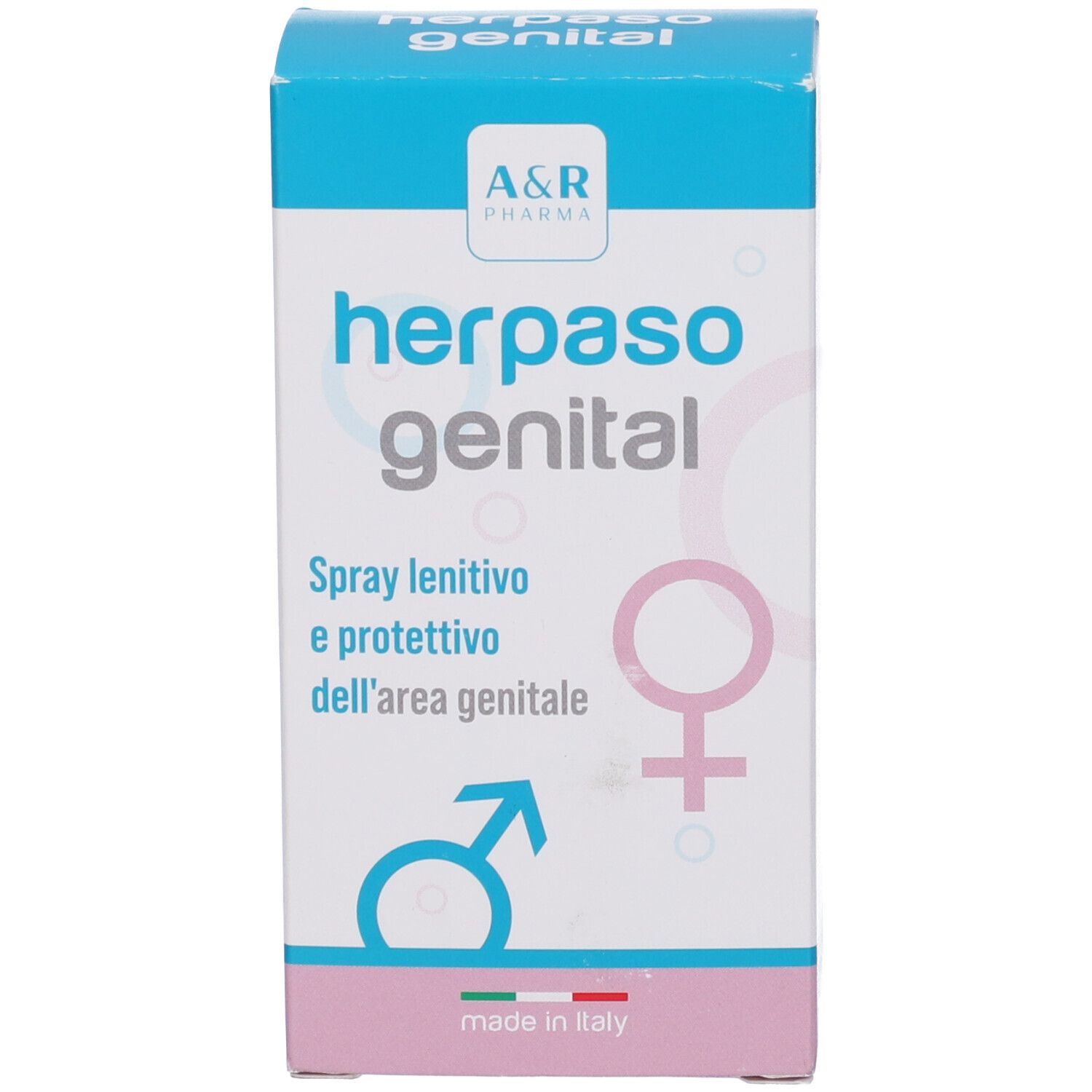 Confezione di Herpaso genital. Scatola blu e bianca con scritta: Herpaso genital. Logo A&R Pharma.