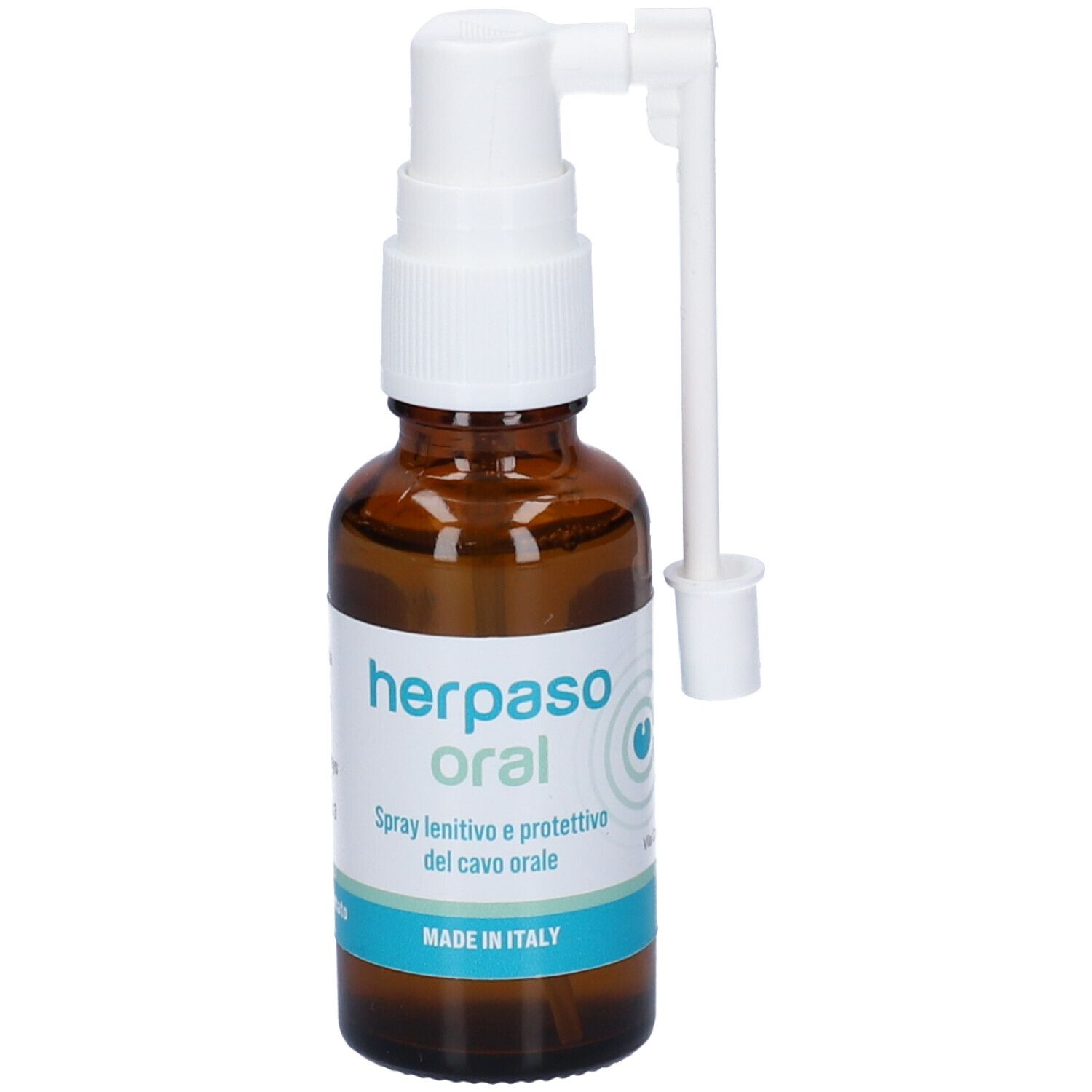 Flacone di vetro marrone con nebulizzatore bianco e applicatore. Scritta: herpaso oral. Made in Italy.