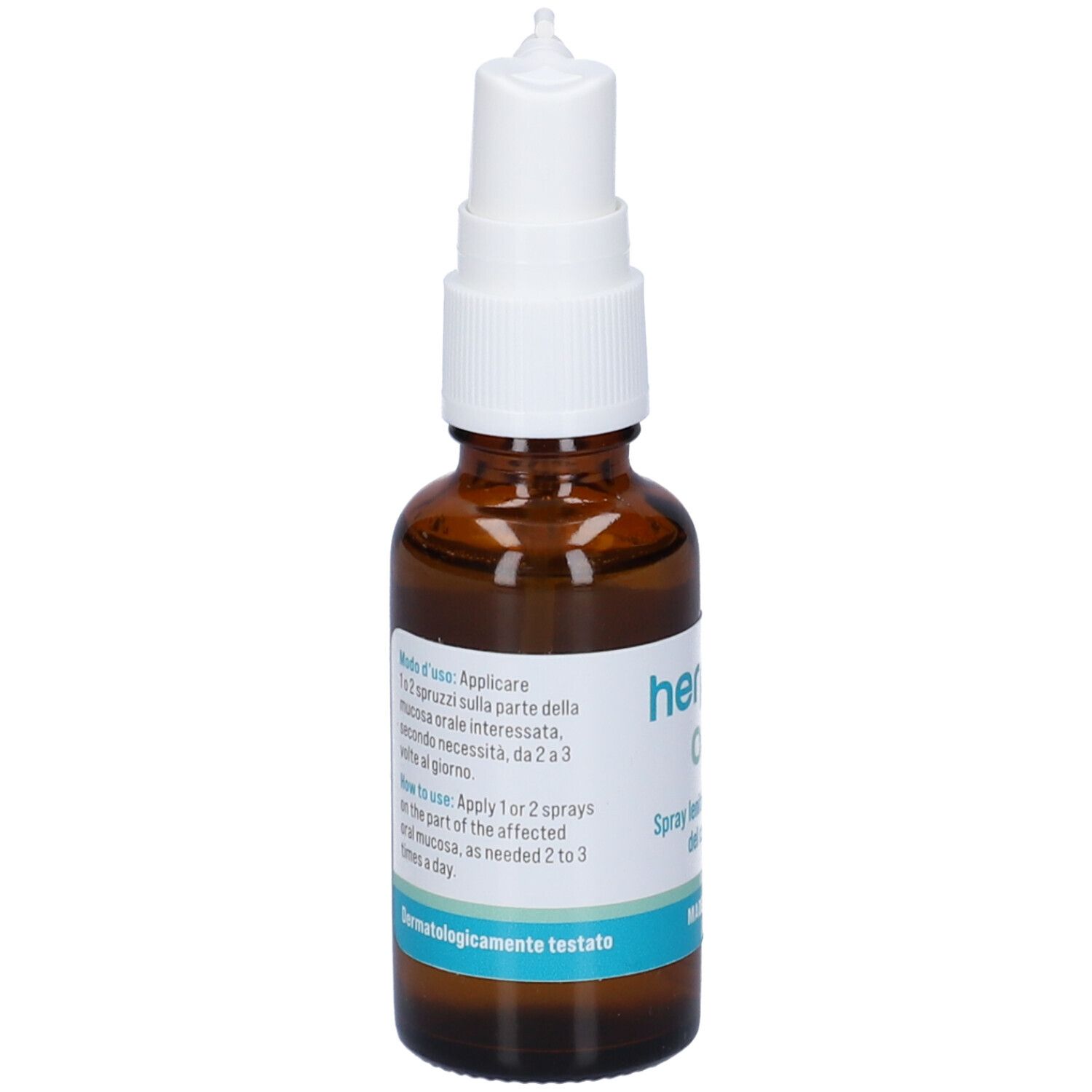 Flacone di vetro marrone con nebulizzatore bianco. Scritta: herpaso oral. Testo in italiano. Dermatologicamente testato.