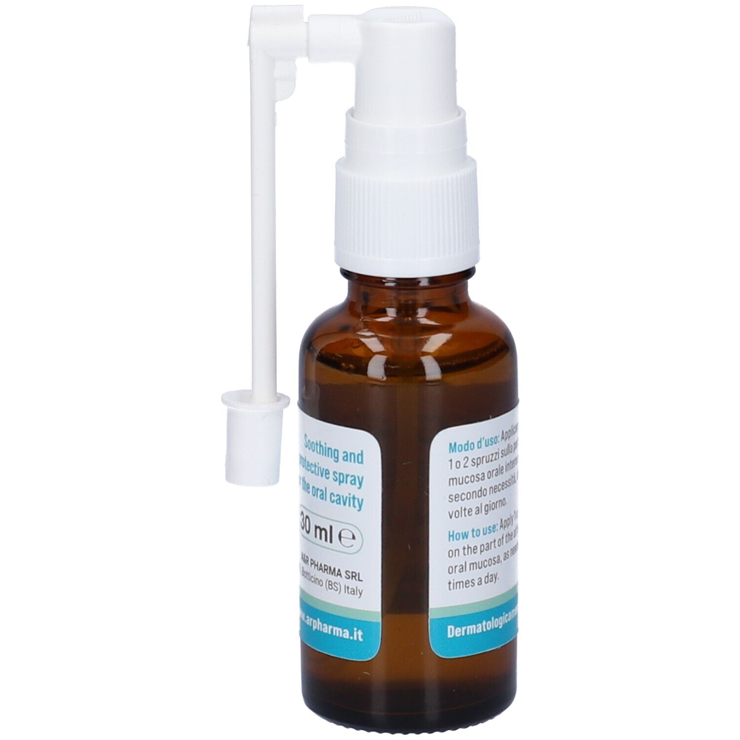Flacone di vetro marrone con nebulizzatore bianco e applicatore. Scritta: herpaso oral. Testo in italiano. 30 ml.