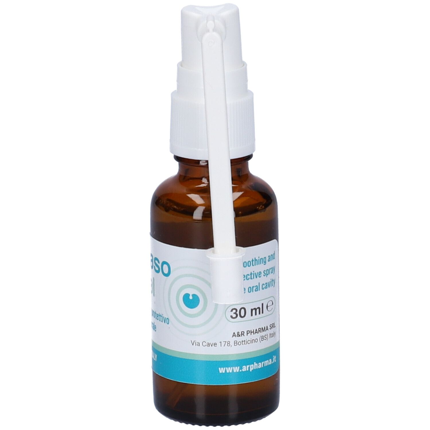 Flacone di vetro marrone con nebulizzatore bianco e applicatore. Scritta: herpaso oral. Testo in italiano. 30 ml.