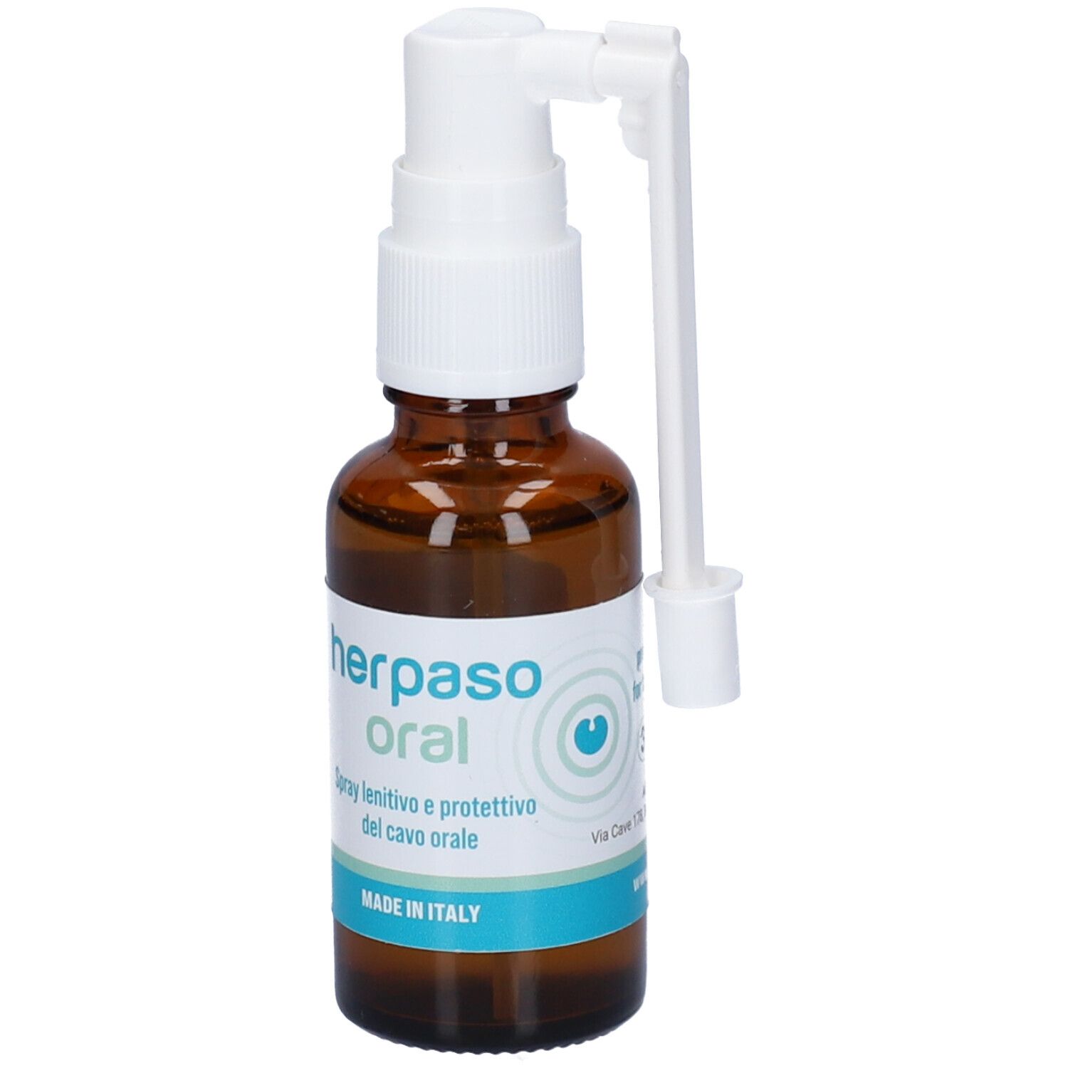 Flacone di vetro marrone con nebulizzatore bianco e applicatore. Scritta: herpaso oral. Made in Italy.