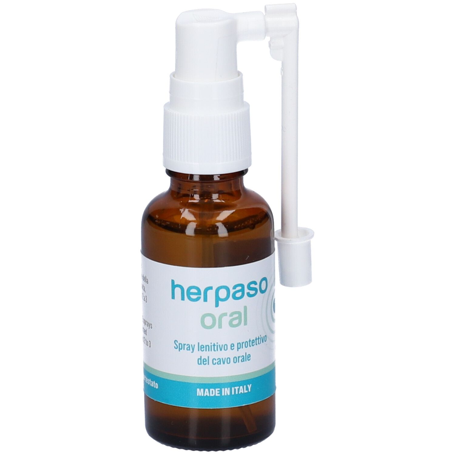 Flacone di vetro marrone con nebulizzatore bianco e applicatore. Scritta: herpaso oral. Made in Italy.