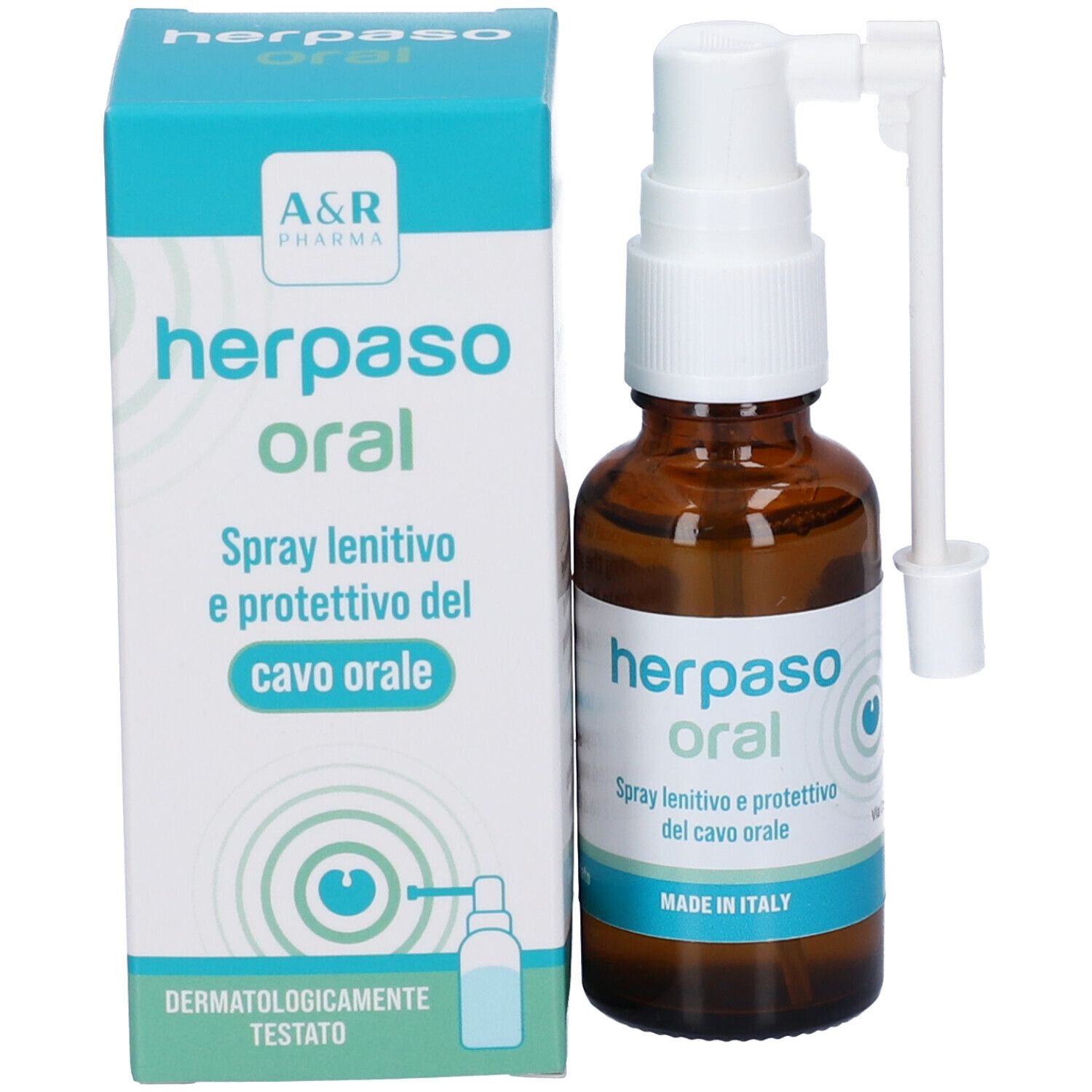 Confezione e flacone del prodotto. Scritta: herpaso oral. Con nebulizzatore e applicatore. Dermatologicamente testato.