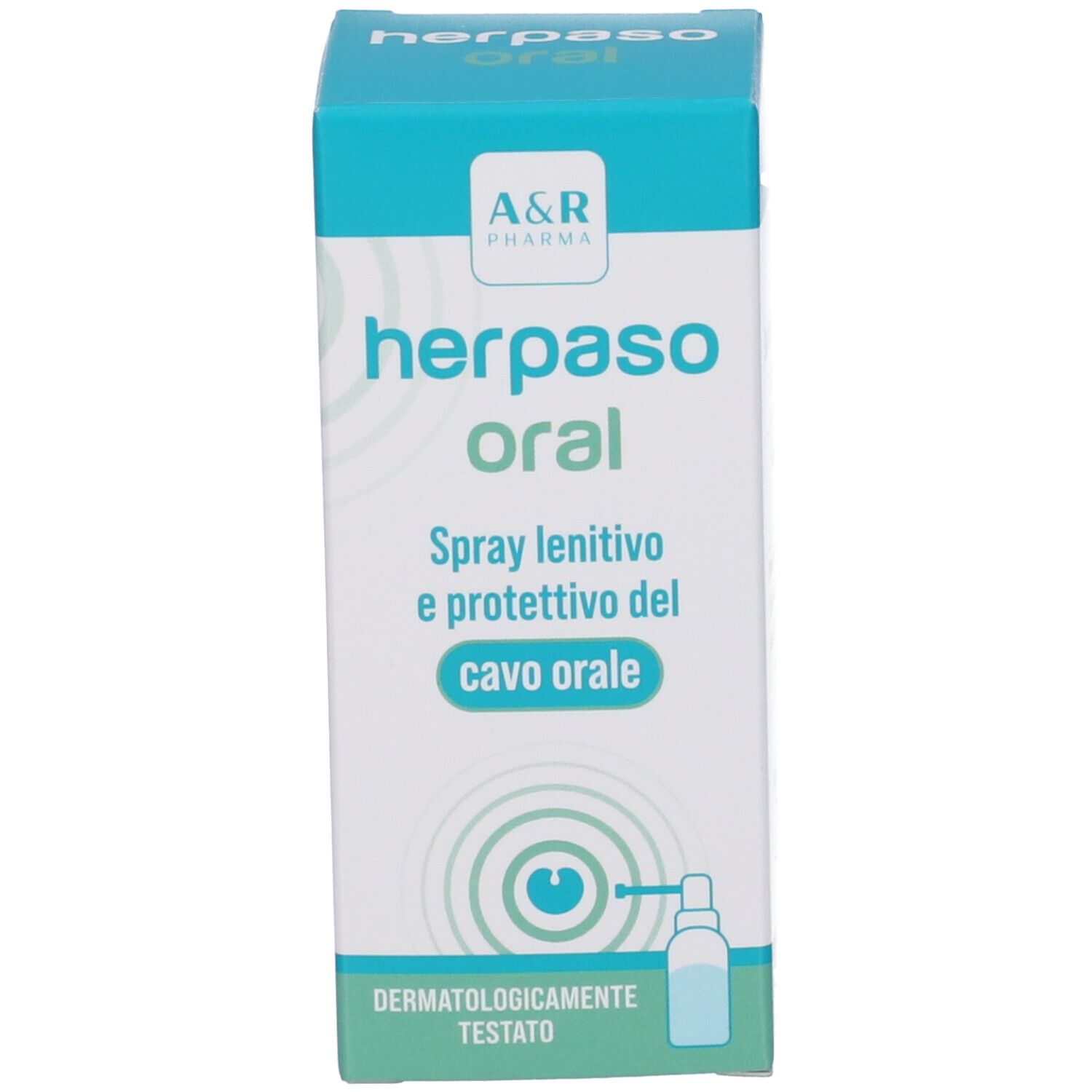 Confezione del prodotto. Scritta: herpaso oral. Con illustrazione del flacone. Dermatologicamente testato.