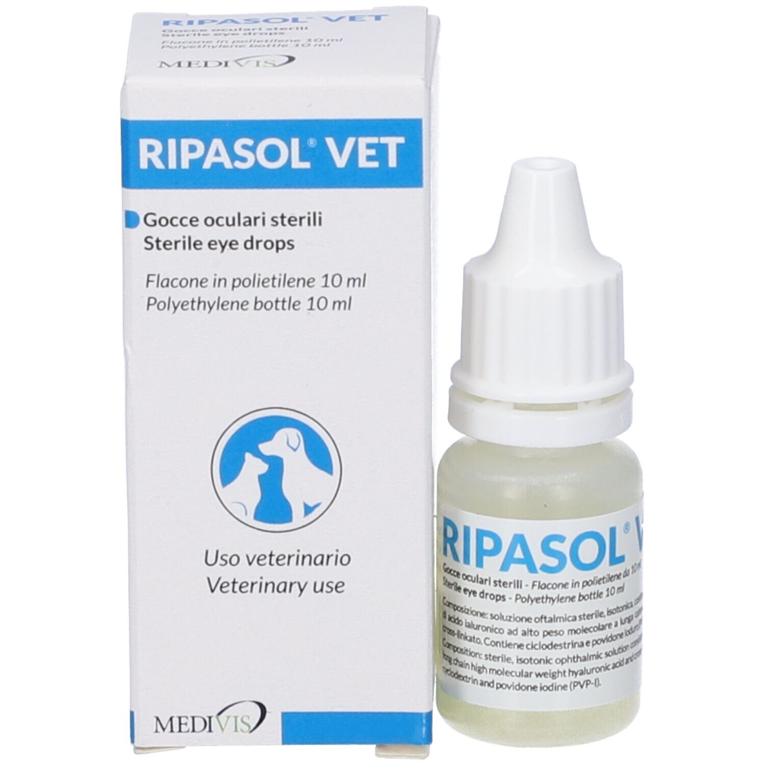 Kleine weiße Tropfflasche mit weißem Schraubverschluss. Enthält 10ml. Ripasol Vet.