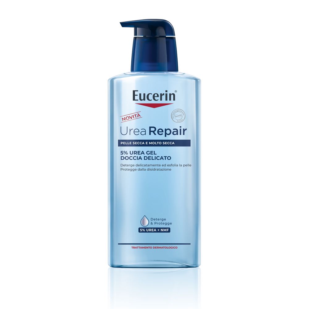 Eucerin Urea Repair Duschgel mit 5% Urea und NMF in einer transparenten Flasche mit blauem Pumpspender.