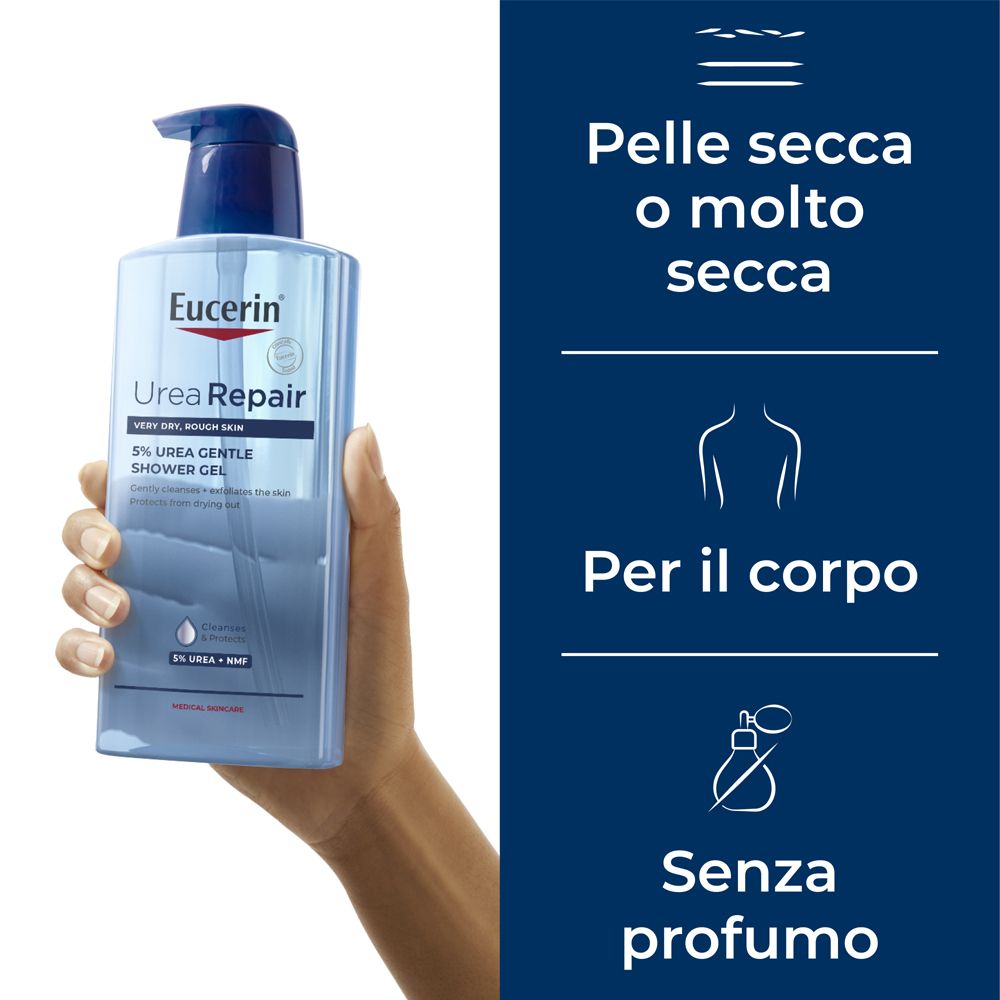 Eucerin Urea Repair 5% Urea Gentle Shower Gel in einem Pumpspender.