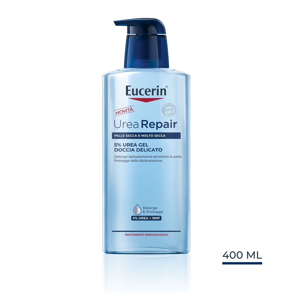 Eucerin Urea Repair Duschgel mit Pumpspender, 400 ml. Blaue Flasche mit weißem und blauem Etikett.