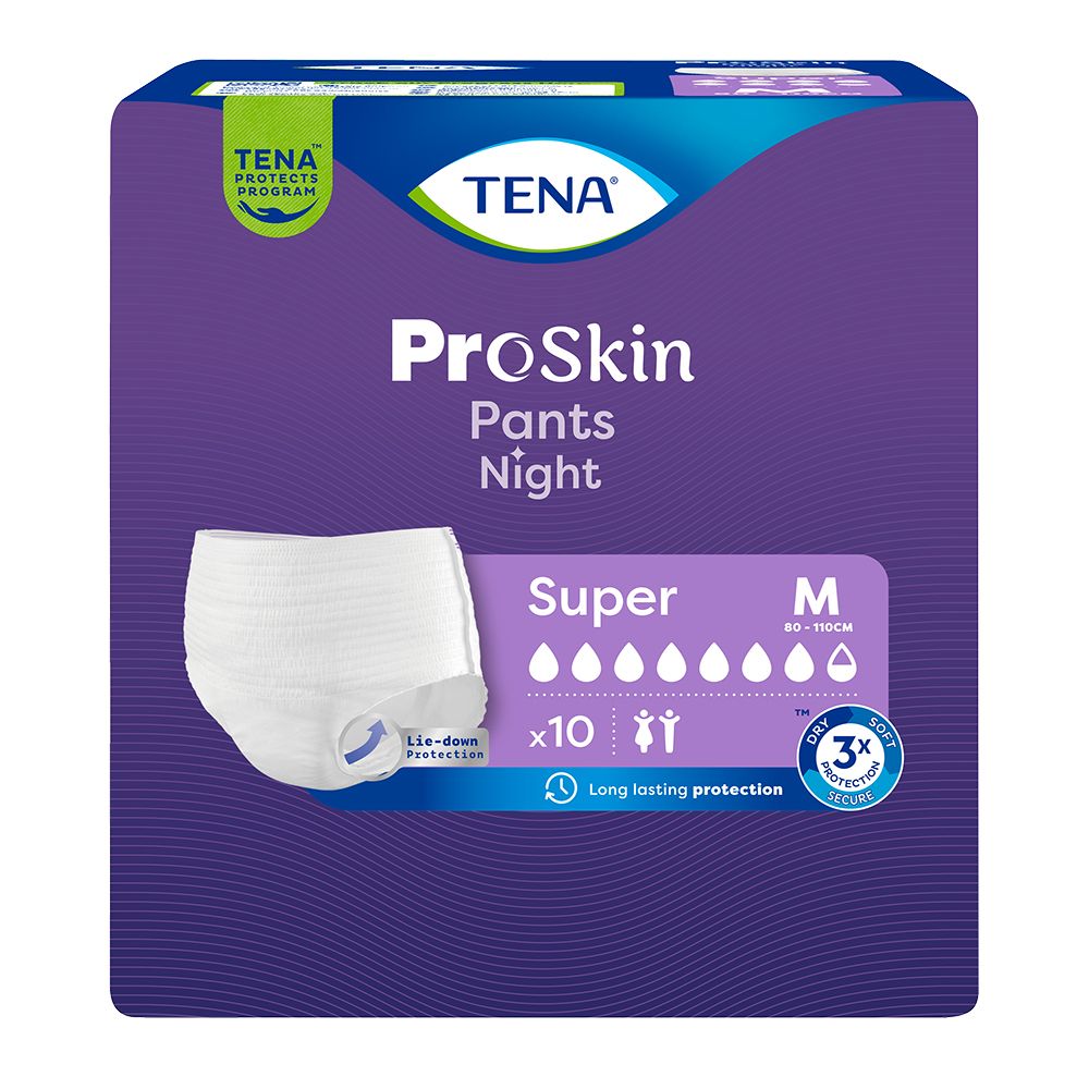 TENA ProSkin Pants Night Super M. Verpackung mit Inkontinenzhosen. Größe M, 10 Stück. Lila Verpackung.