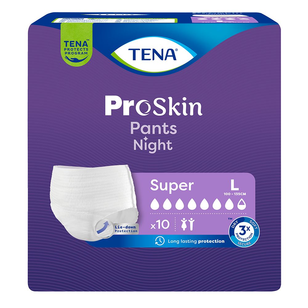TENA ProSkin Pants Night Super L. Weiße Inkontinenzhose, Packung mit Produktabbildung und Logo.