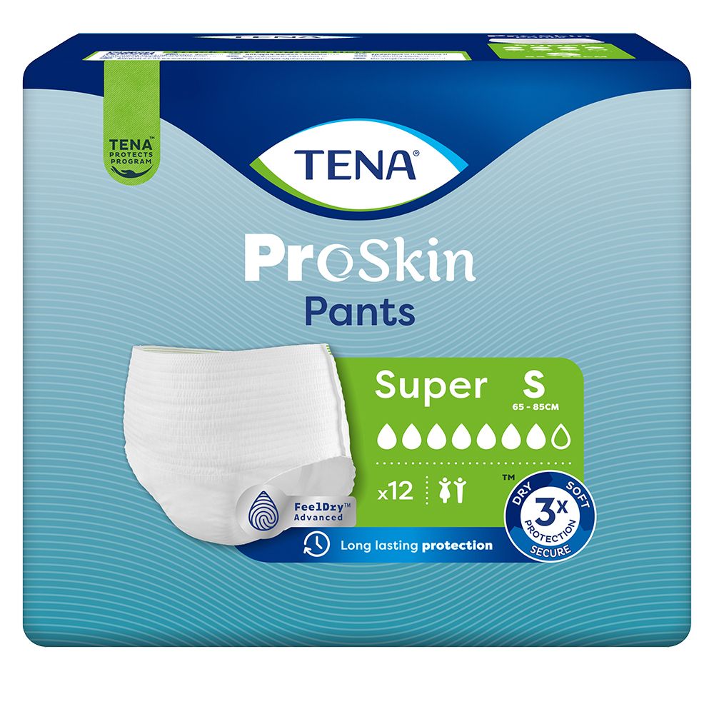 TENA ProSkin Pants Super, Größe S. Weiße Inkontinenzhose. Verpackung mit 12 Stück. Trocken, weich und sicher.