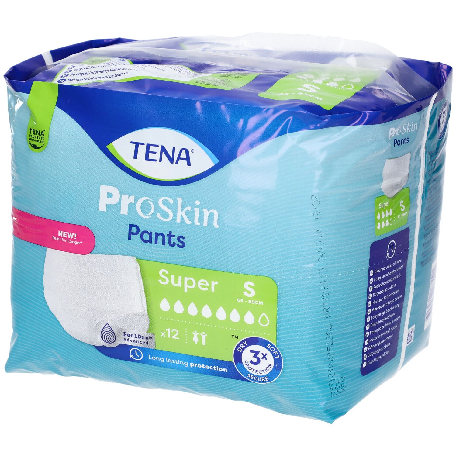 Verpackung TENA ProSkin Pants Super, Größe S. Blaue Verpackung mit Produktabbildung und Informationen.