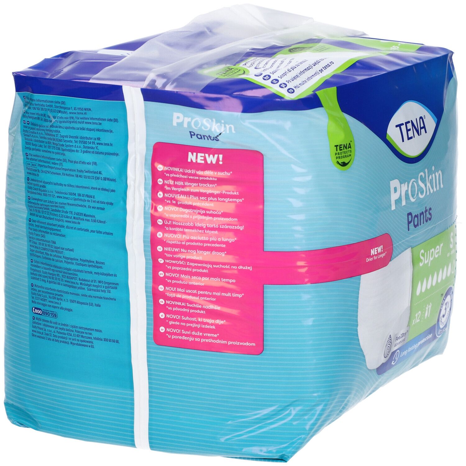 Verpackung TENA ProSkin Pants Super, Größe XL. Blaue Verpackung mit Produktabbildung und Informationen.