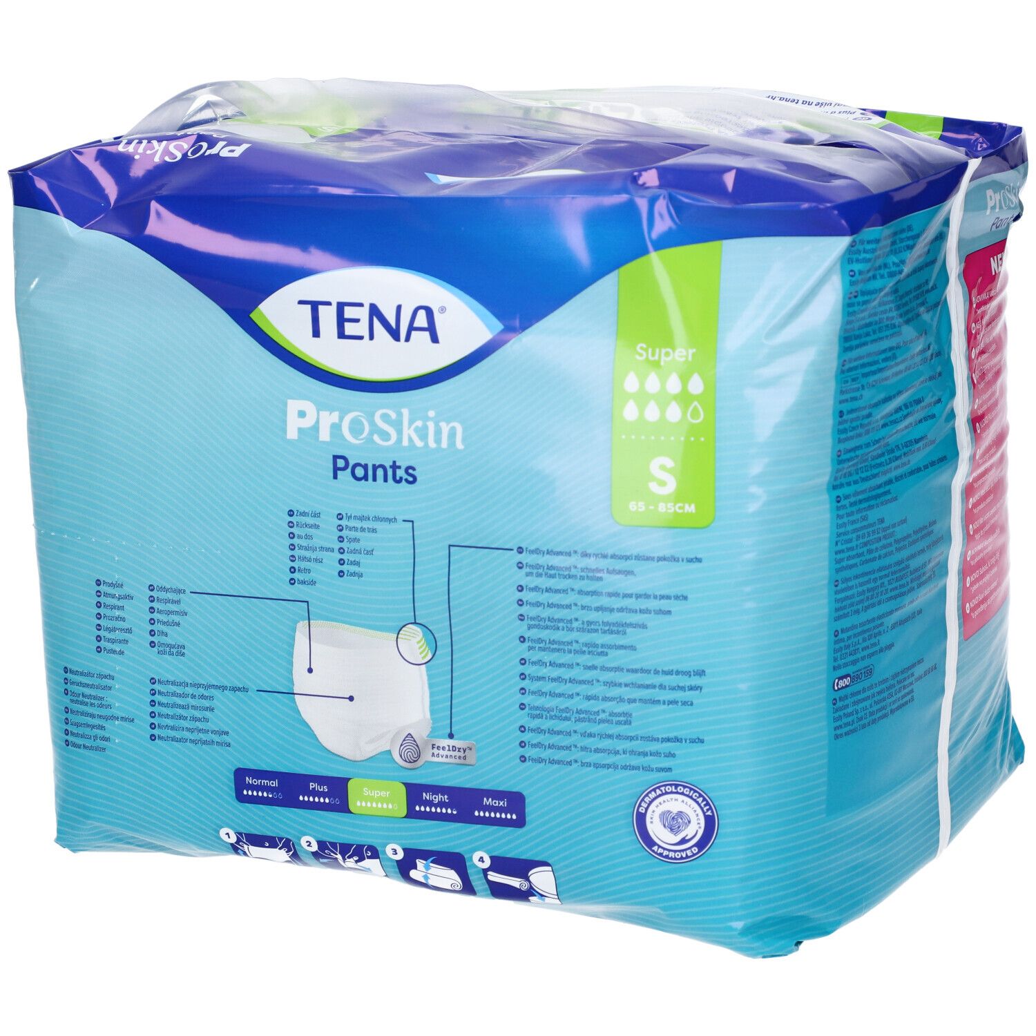 Verpackung TENA ProSkin Pants Super, Größe S. Blaue Verpackung mit Produktabbildung und Informationen.