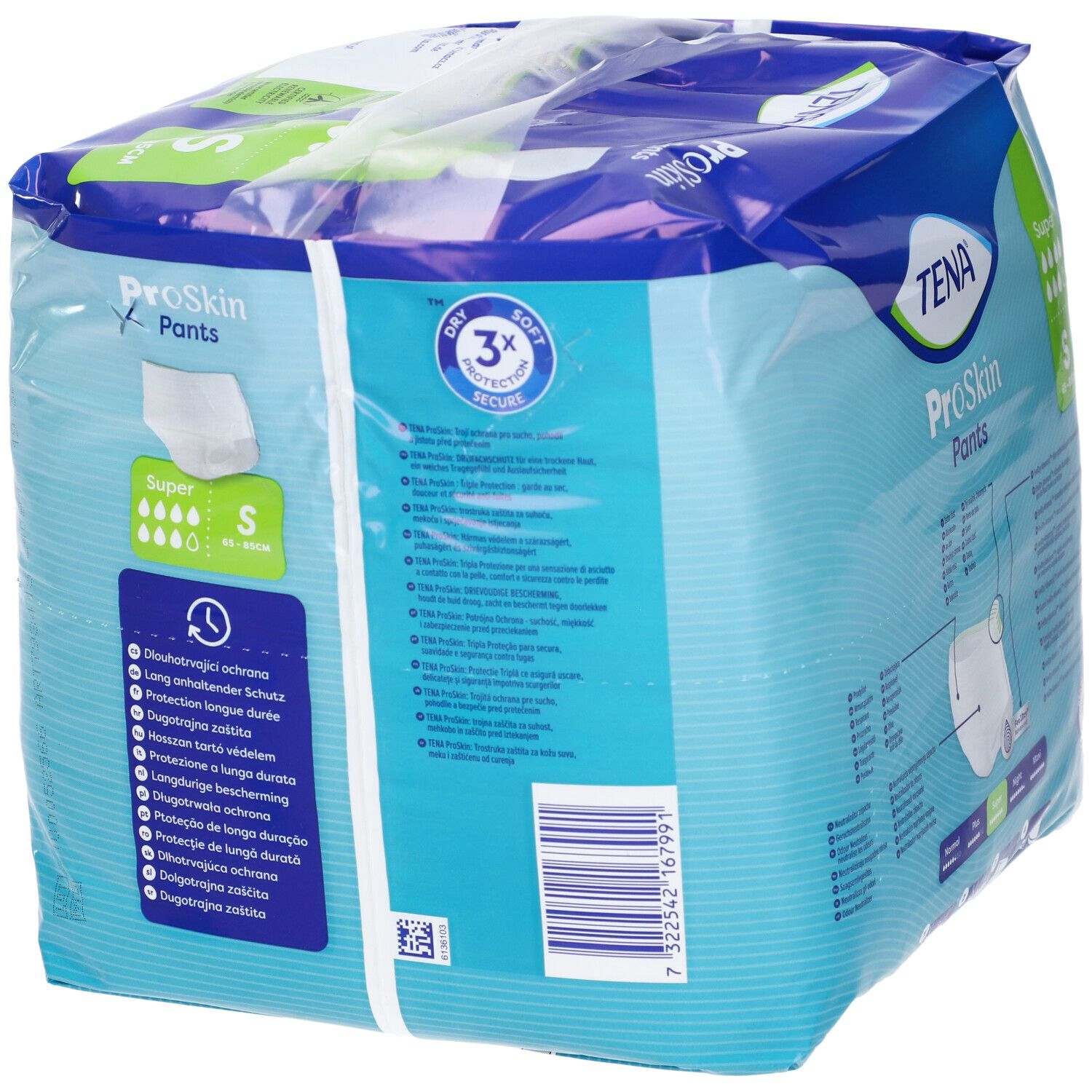 Verpackung TENA ProSkin Pants Super, Größe S. Blaue Verpackung mit Produktabbildung und Informationen.