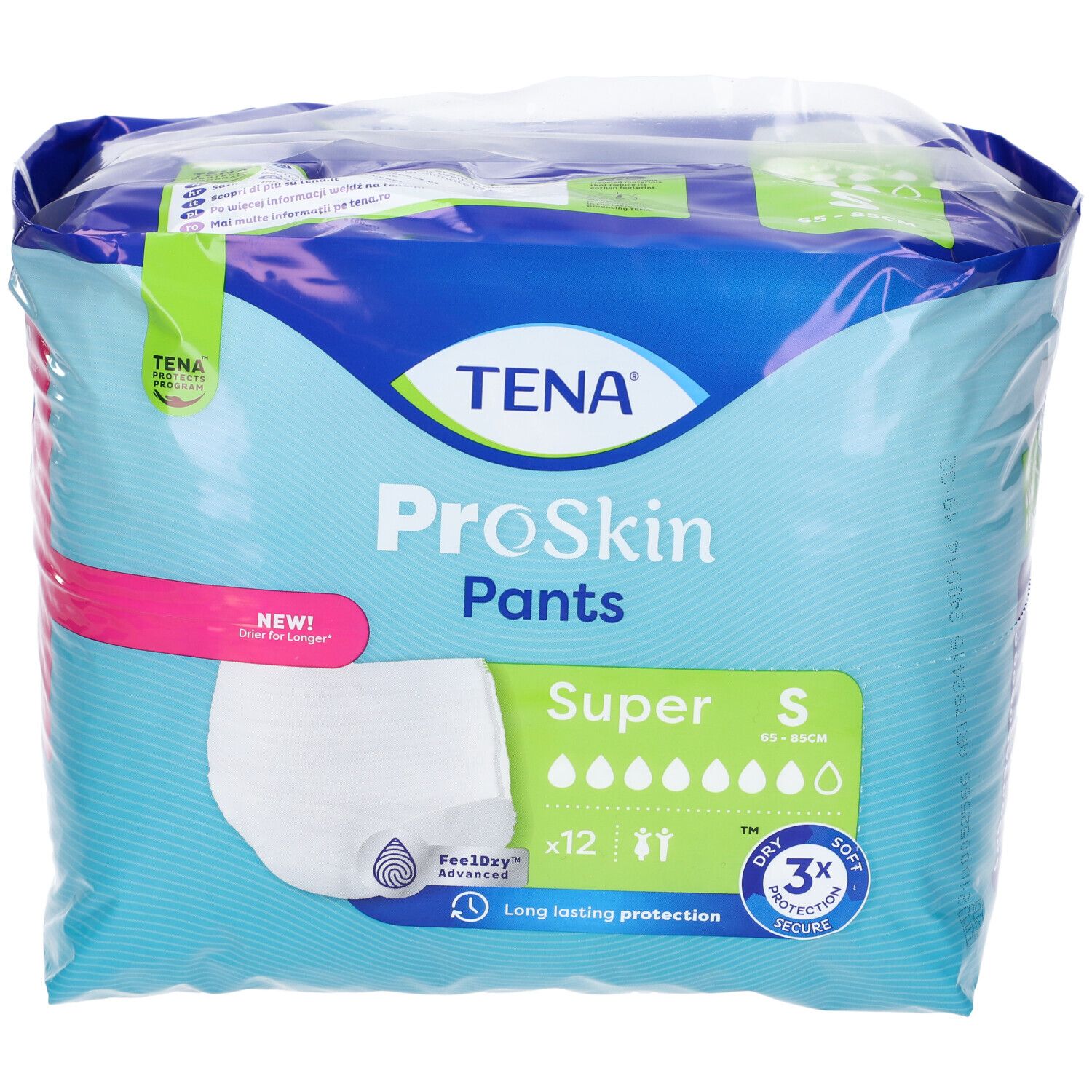 Verpackung TENA ProSkin Pants Super, Größe S. Blaue Verpackung mit Produktabbildung und Informationen.