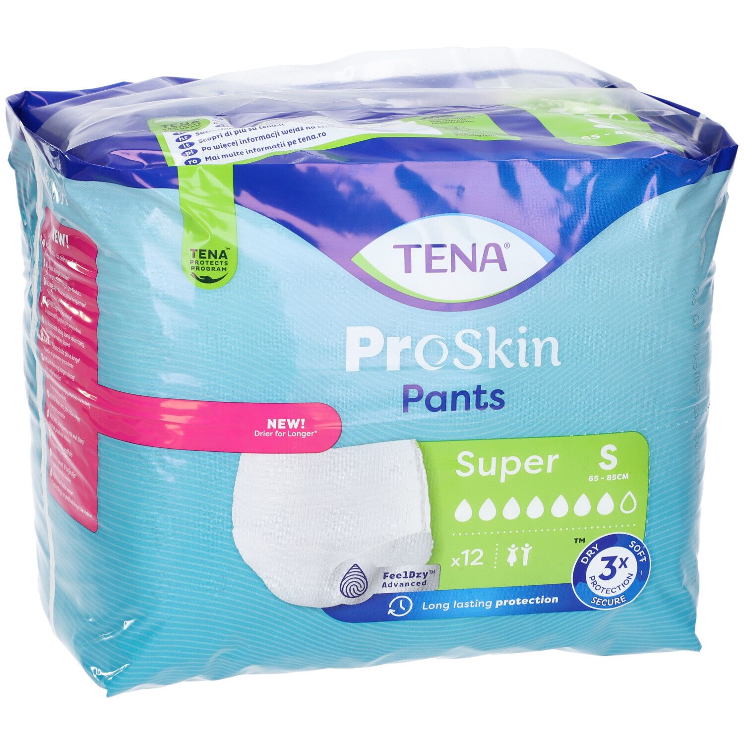 Verpackung TENA ProSkin Pants Super, Größe S. Blaue Verpackung mit Produktabbildung und Informationen.