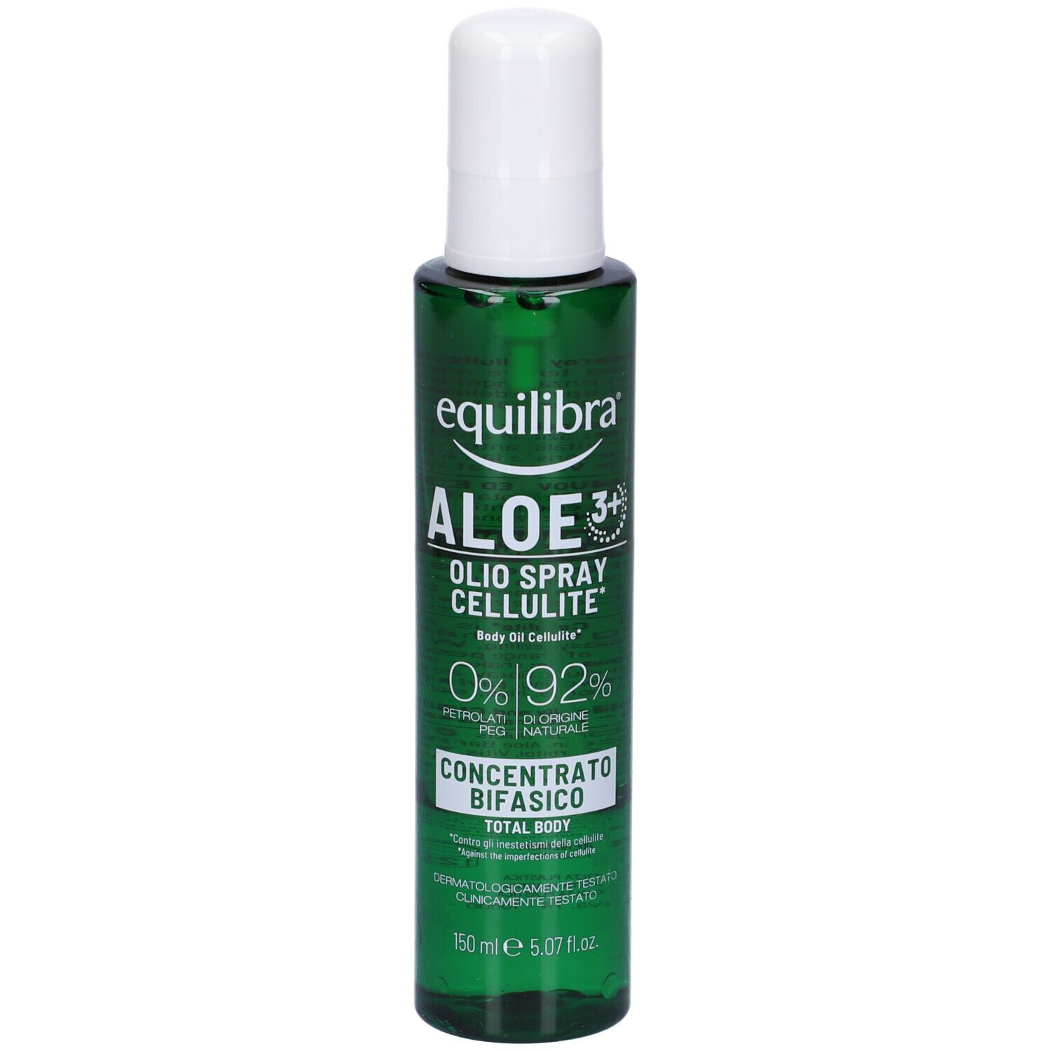 Flacone verde con erogatore bianco. Scritta: Equilibra Aloe 3+ Olio Spray Cellulite. Concentrato bifasico.