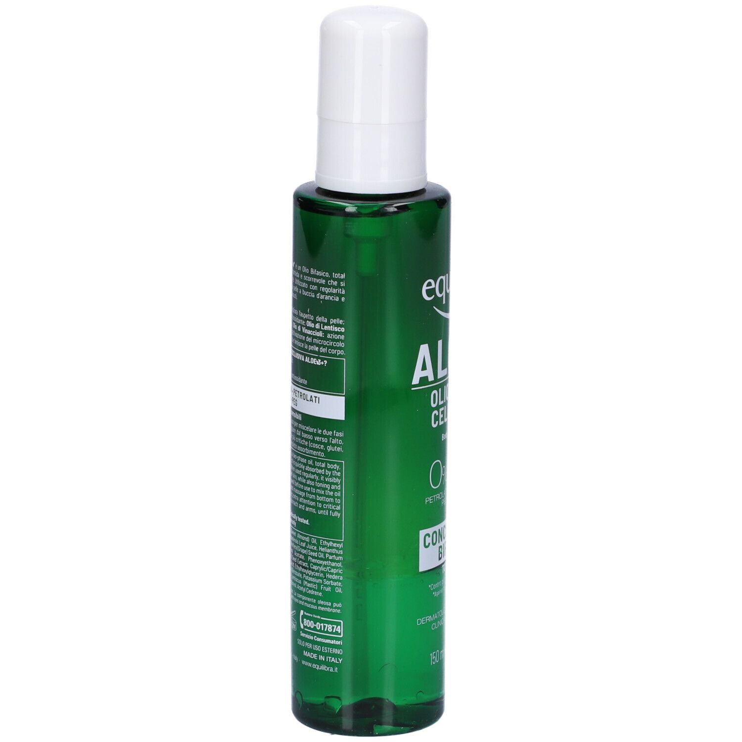 Flacone verde con erogatore bianco. Retro con testo. Scritta: Equilibra Aloe 3+ Olio Spray Cellulite.