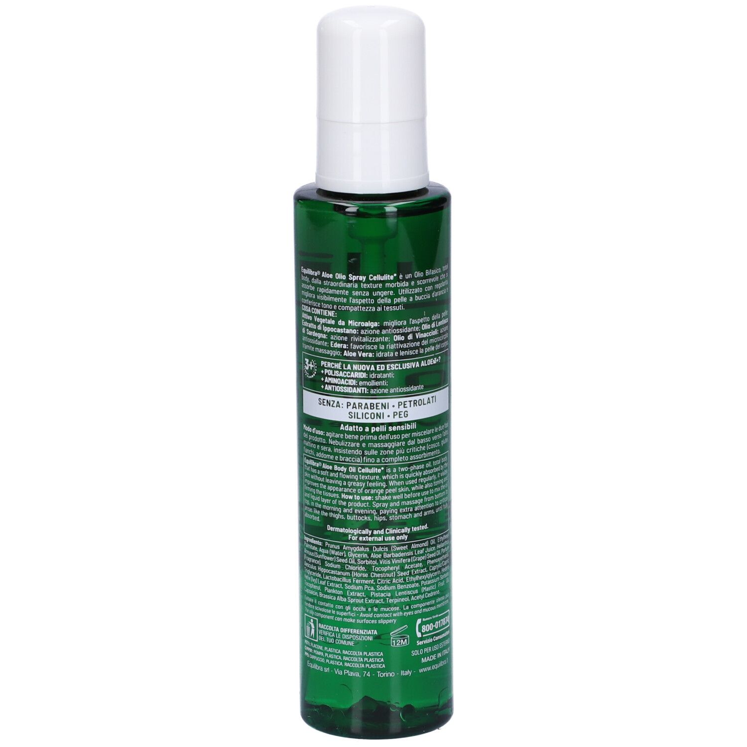 Flacone verde con erogatore bianco. Retro con testo. Scritta: Equilibra Aloe 3+ Olio Spray Cellulite.