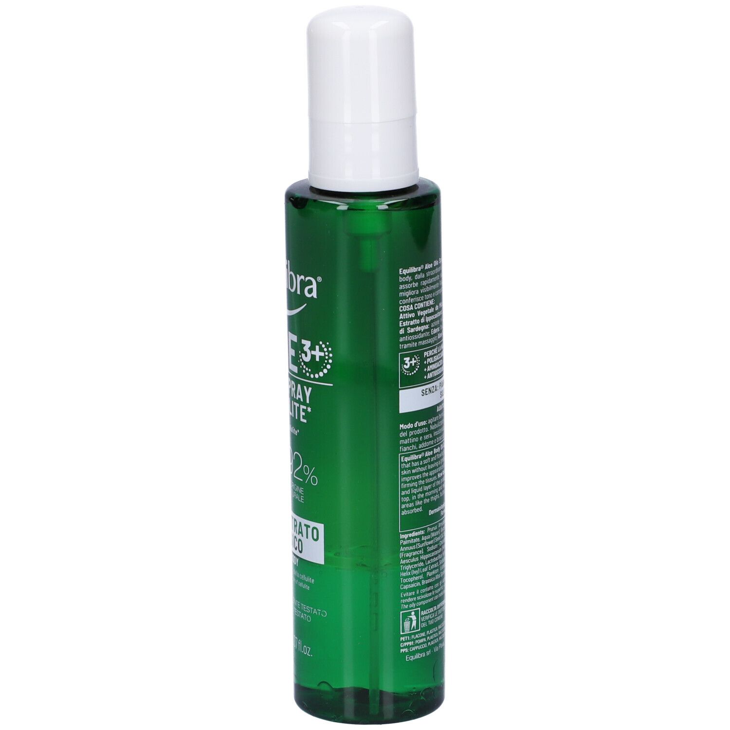 Flacone verde con erogatore bianco. Scritta: Equilibra Aloe 3+ Olio Spray Cellulite. Concentrato bifasico.