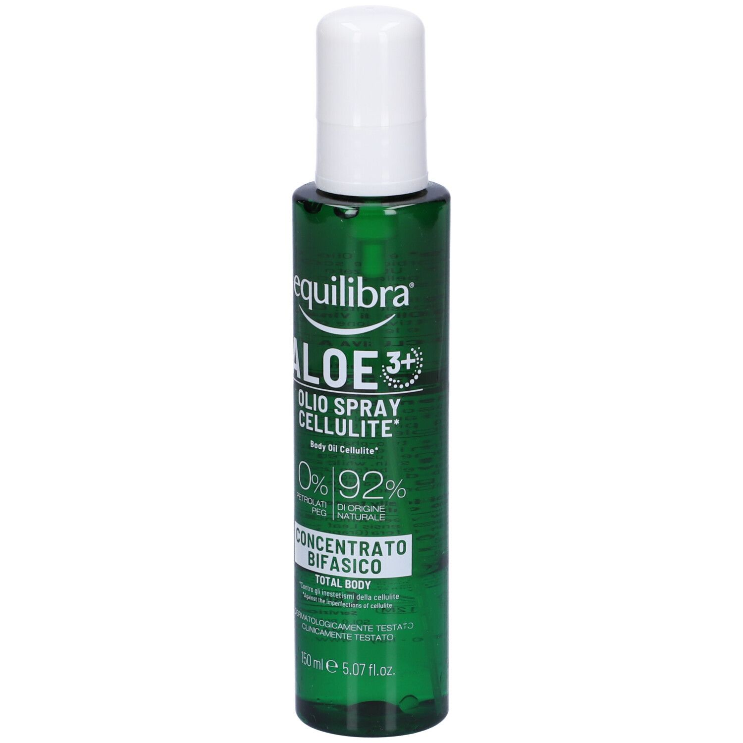 Flacone verde con erogatore bianco. Scritta: Equilibra Aloe 3+ Olio Spray Cellulite. Concentrato bifasico.
