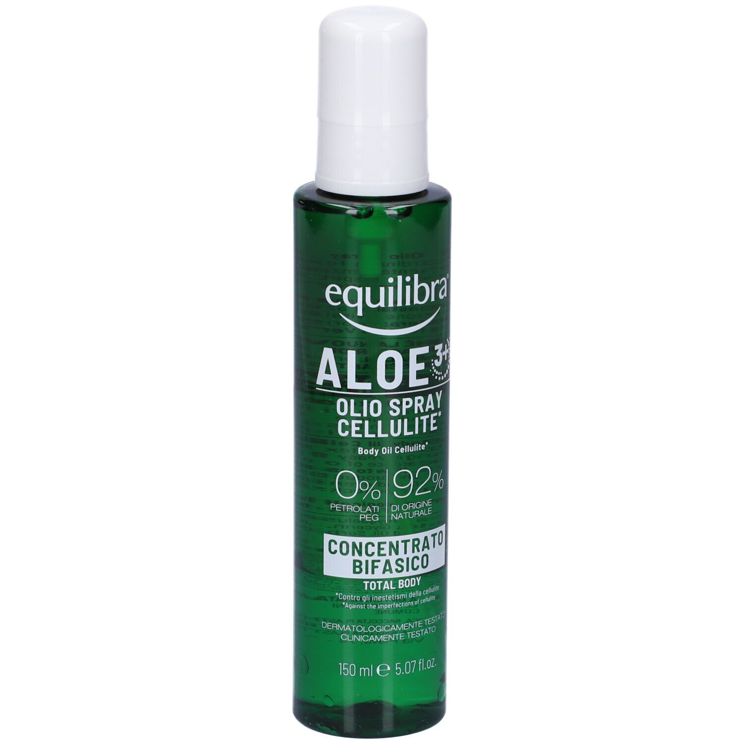 Flacone verde con erogatore bianco. Scritta: Equilibra Aloe 3+ Olio Spray Cellulite. Concentrato bifasico.