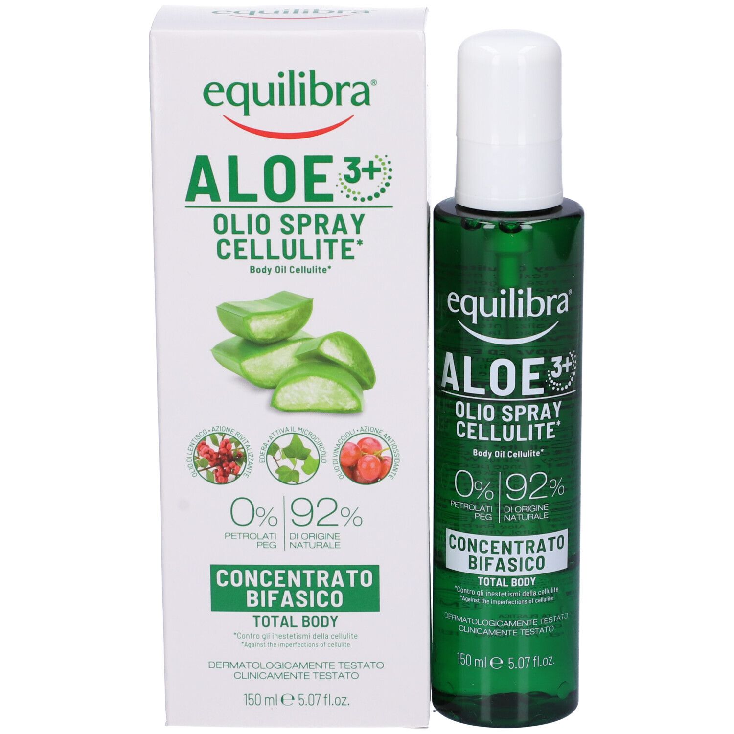 Confezione e flacone. Scritta: Equilibra Aloe 3+ Olio Spray Cellulite. Concentrato bifasico. Immagine di aloe vera.