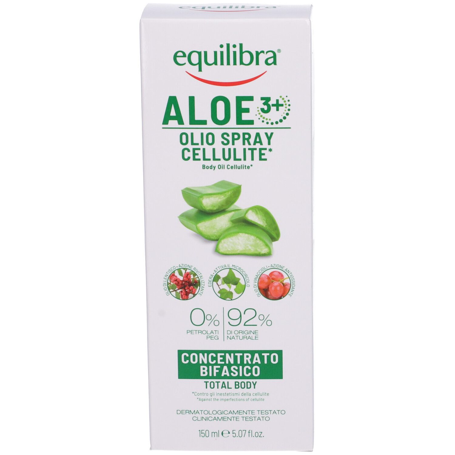 Confezione del prodotto. Scritta: Equilibra Aloe 3+ Olio Spray Cellulite. Concentrato bifasico. Immagine di aloe vera.