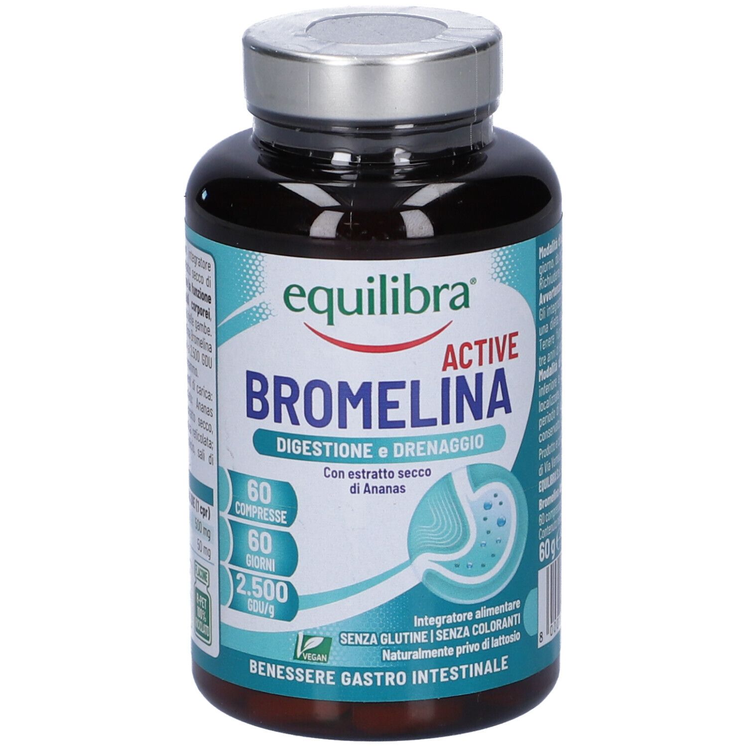 Flacone marrone di capsule. Scritta: Equilibra Active Bromelina, 60 compresse, digestione e drenaggio.