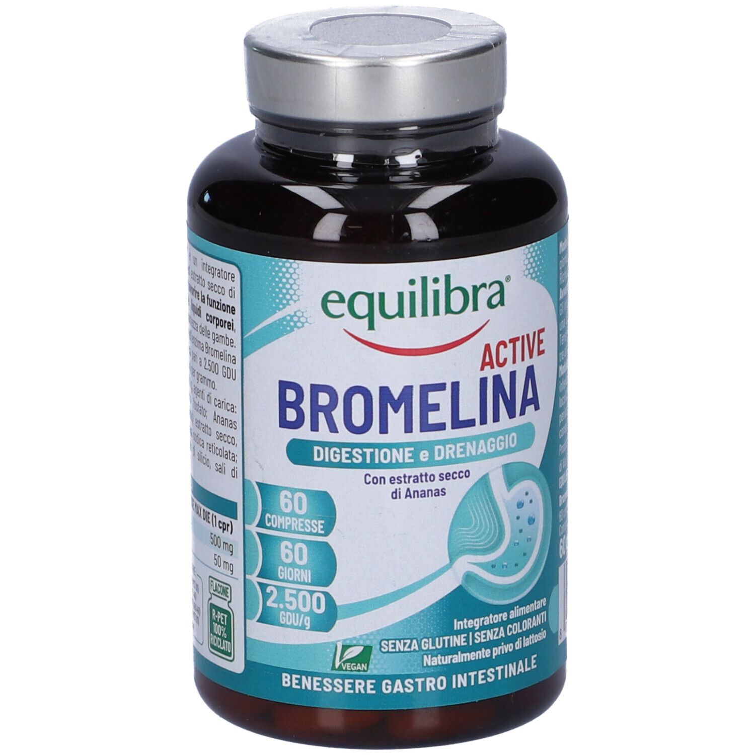 Flacone marrone di capsule. Scritta: Equilibra Active Bromelina, 60 compresse, digestione e drenaggio.