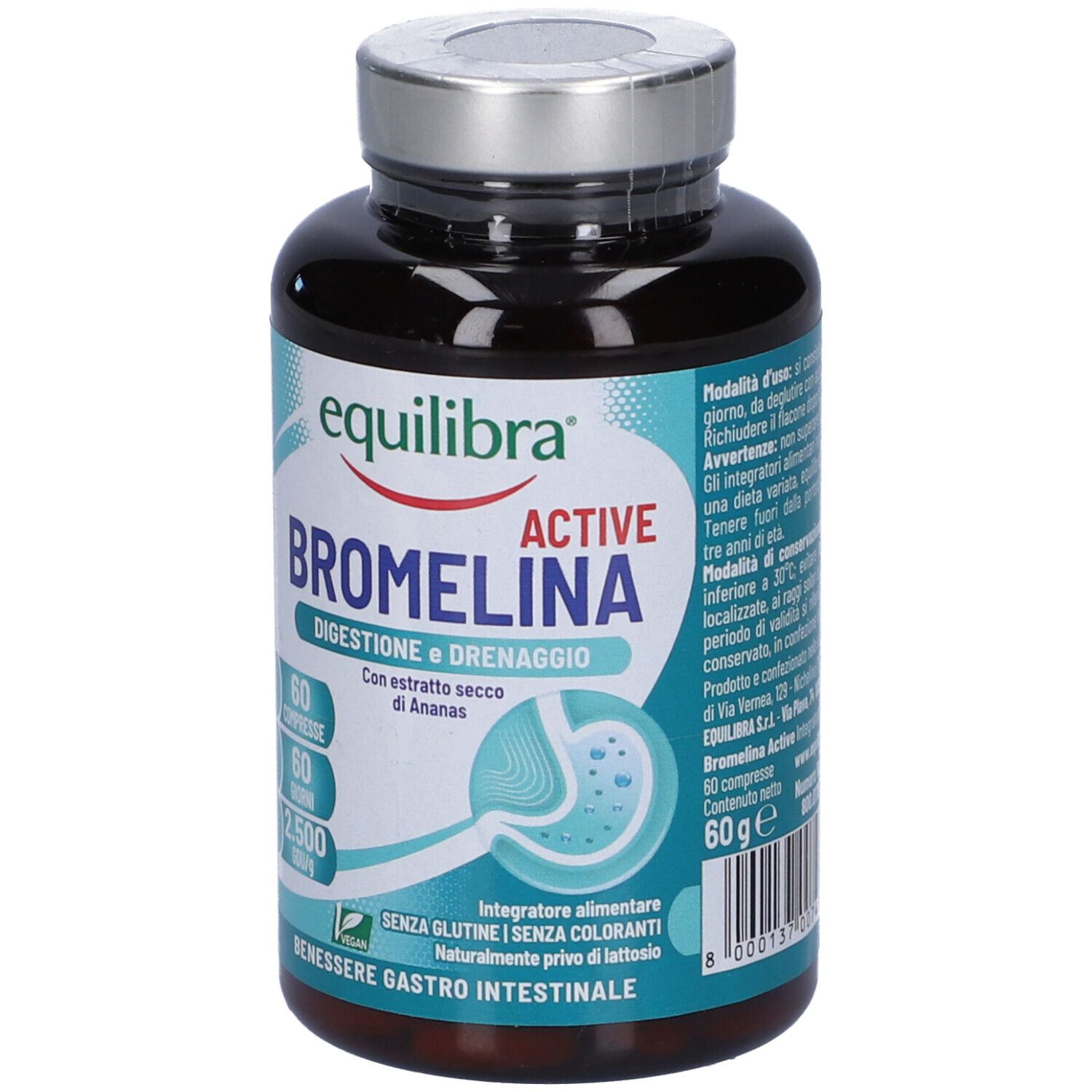 Flacone marrone di capsule. Scritta: Equilibra Active Bromelina, 60 compresse, digestione e drenaggio.