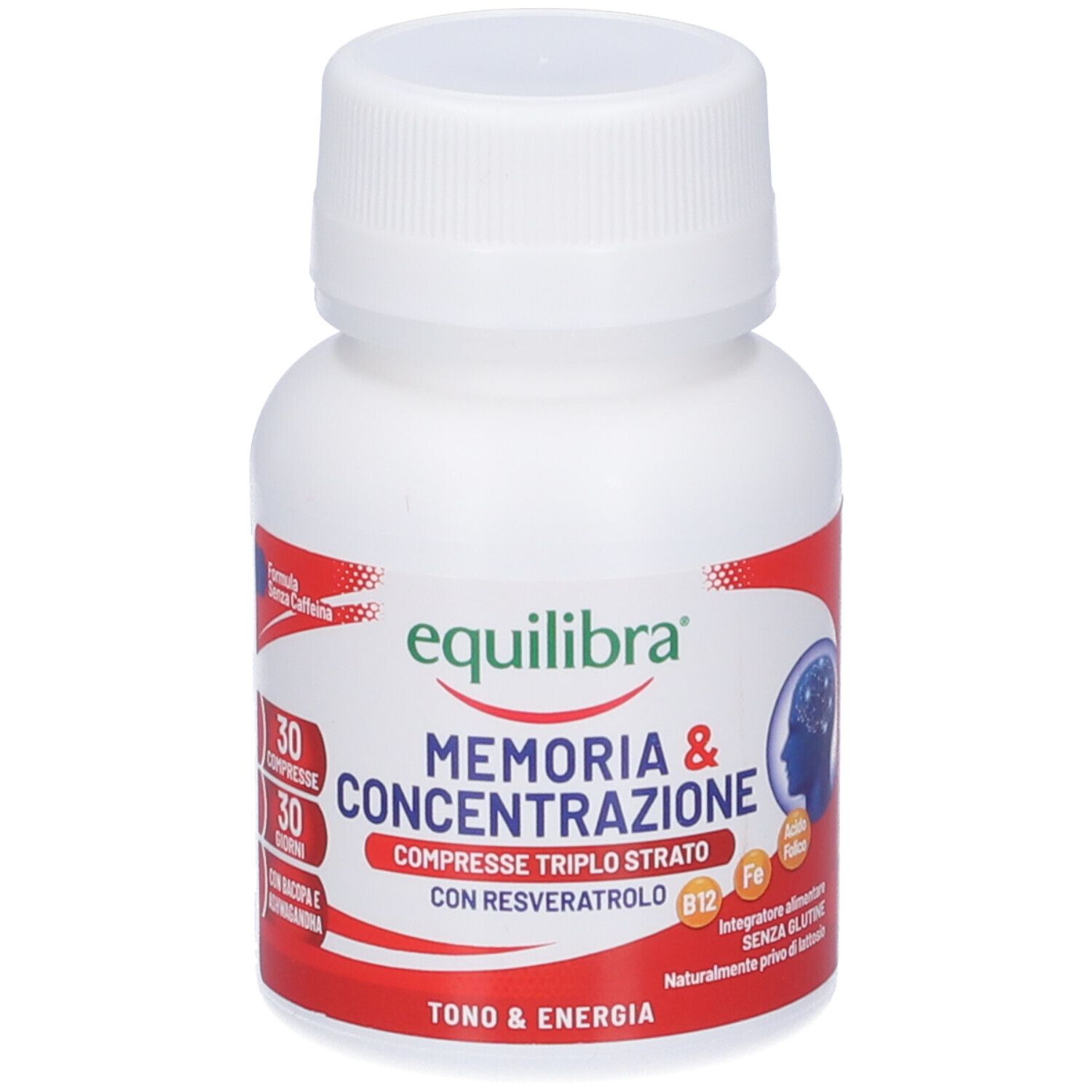 Flacone bianco con etichetta rossa e verde. Contiene compresse per memoria e concentrazione. Marchio: Equilibra.