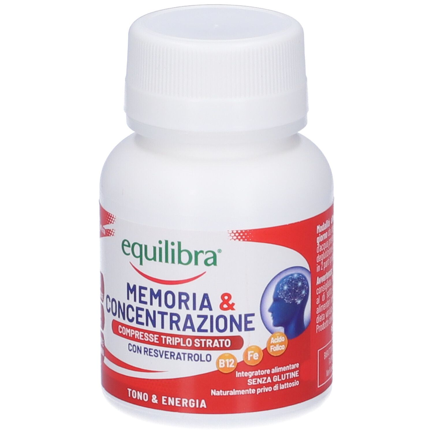 Flacone bianco con etichetta rossa e verde. Contiene compresse per memoria e concentrazione. Marchio: Equilibra.