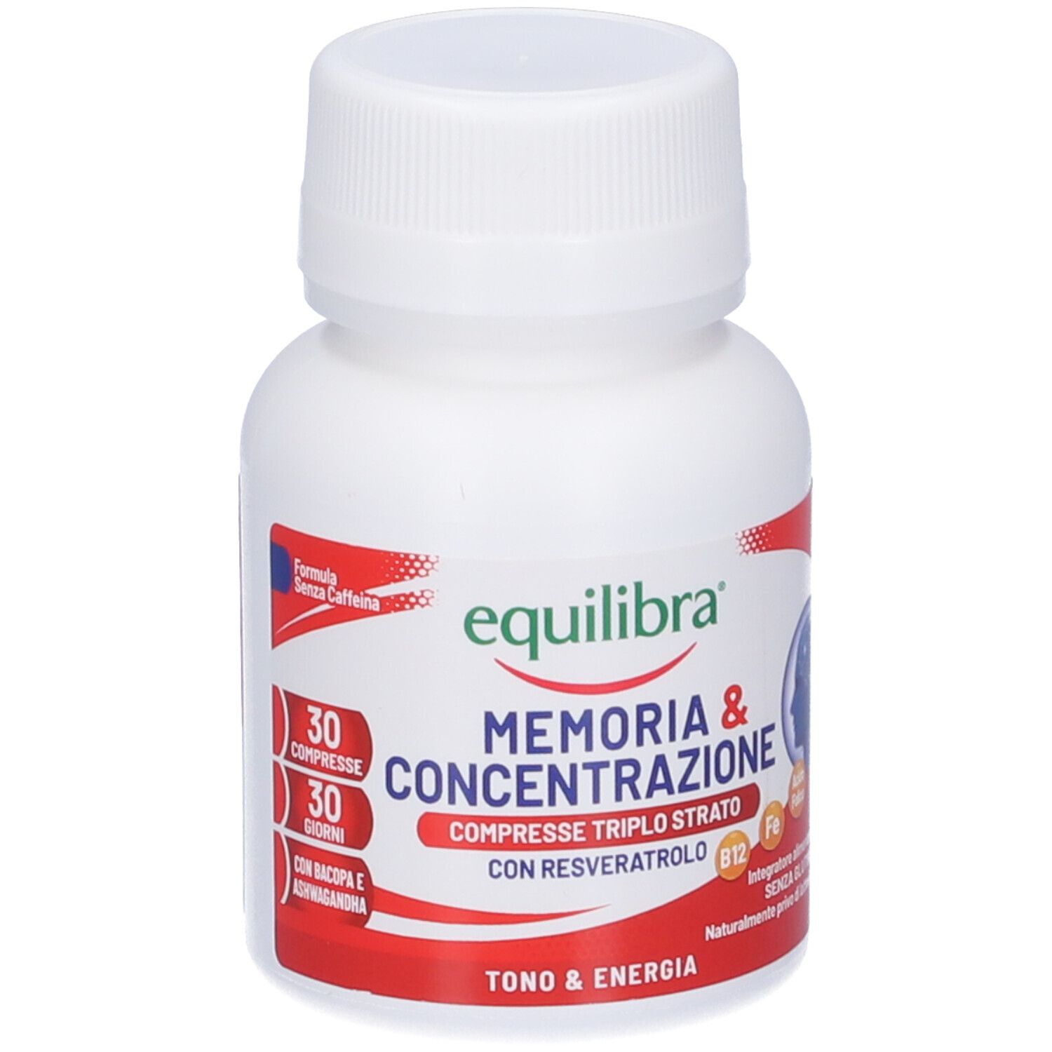 Flacone bianco con etichetta rossa e verde. Contiene compresse per memoria e concentrazione. Marchio: Equilibra.