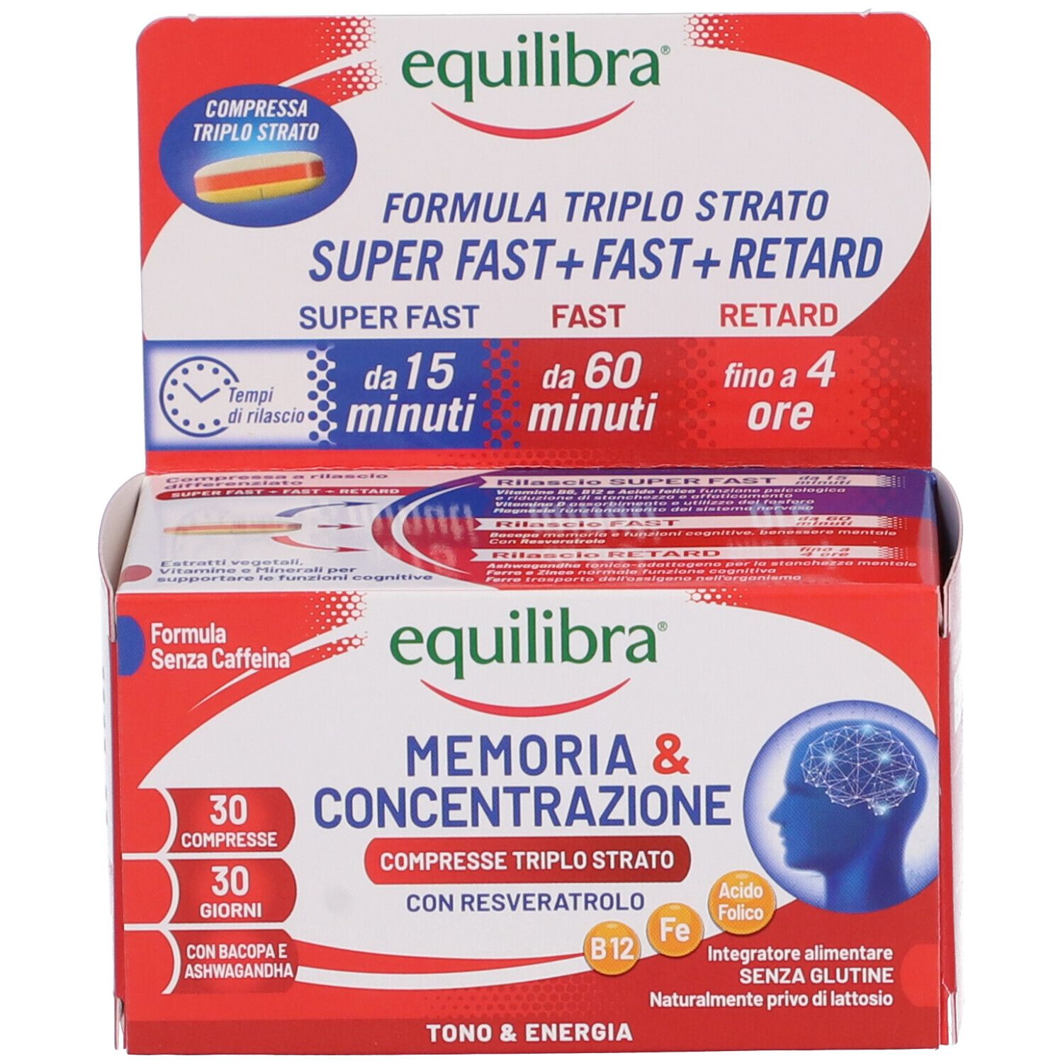 Confezione del prodotto con compresse per memoria e concentrazione. Contiene una scatola. Marchio: Equilibra.