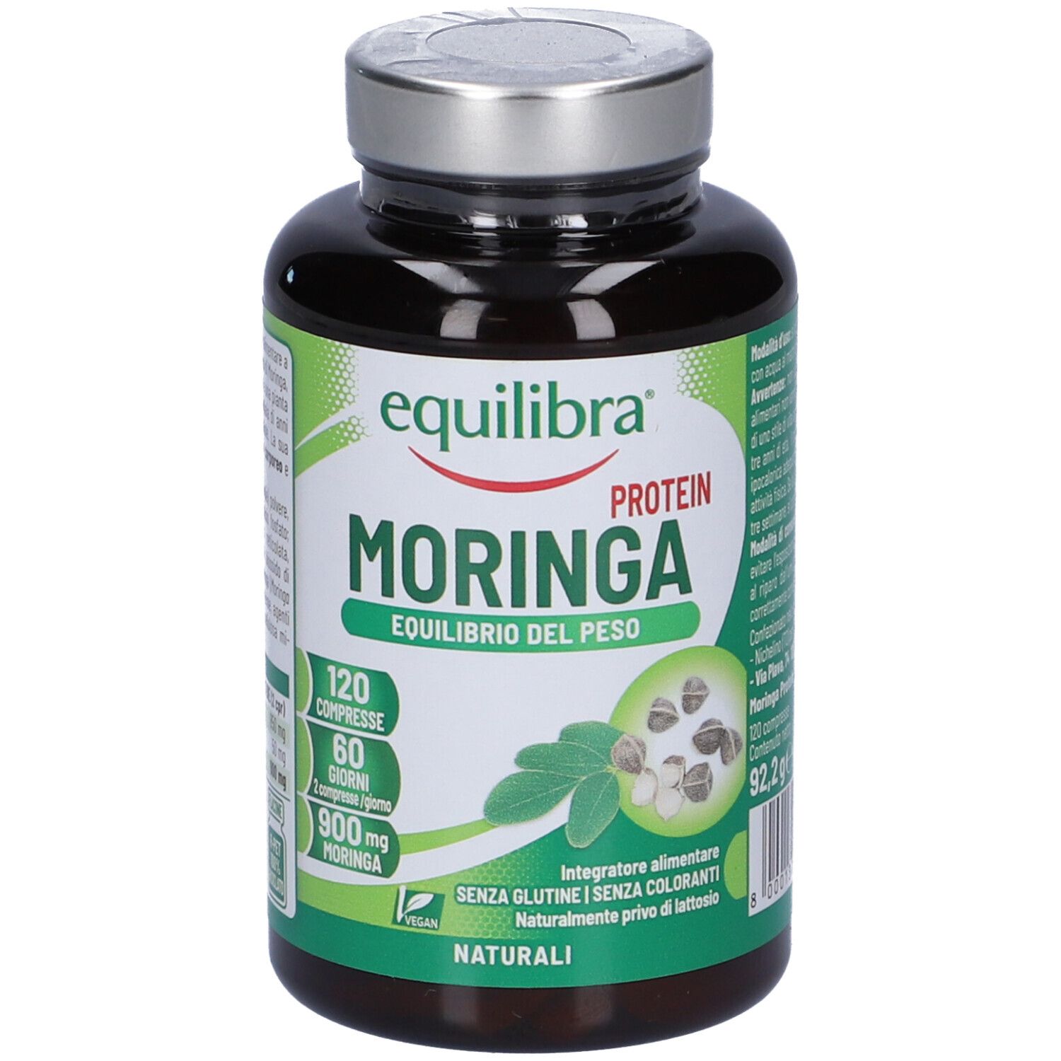 Flacone scuro con tappo argentato. Etichetta 'equilibra Protein Moringa'. Contiene 120 compresse. Sigillo vegano.