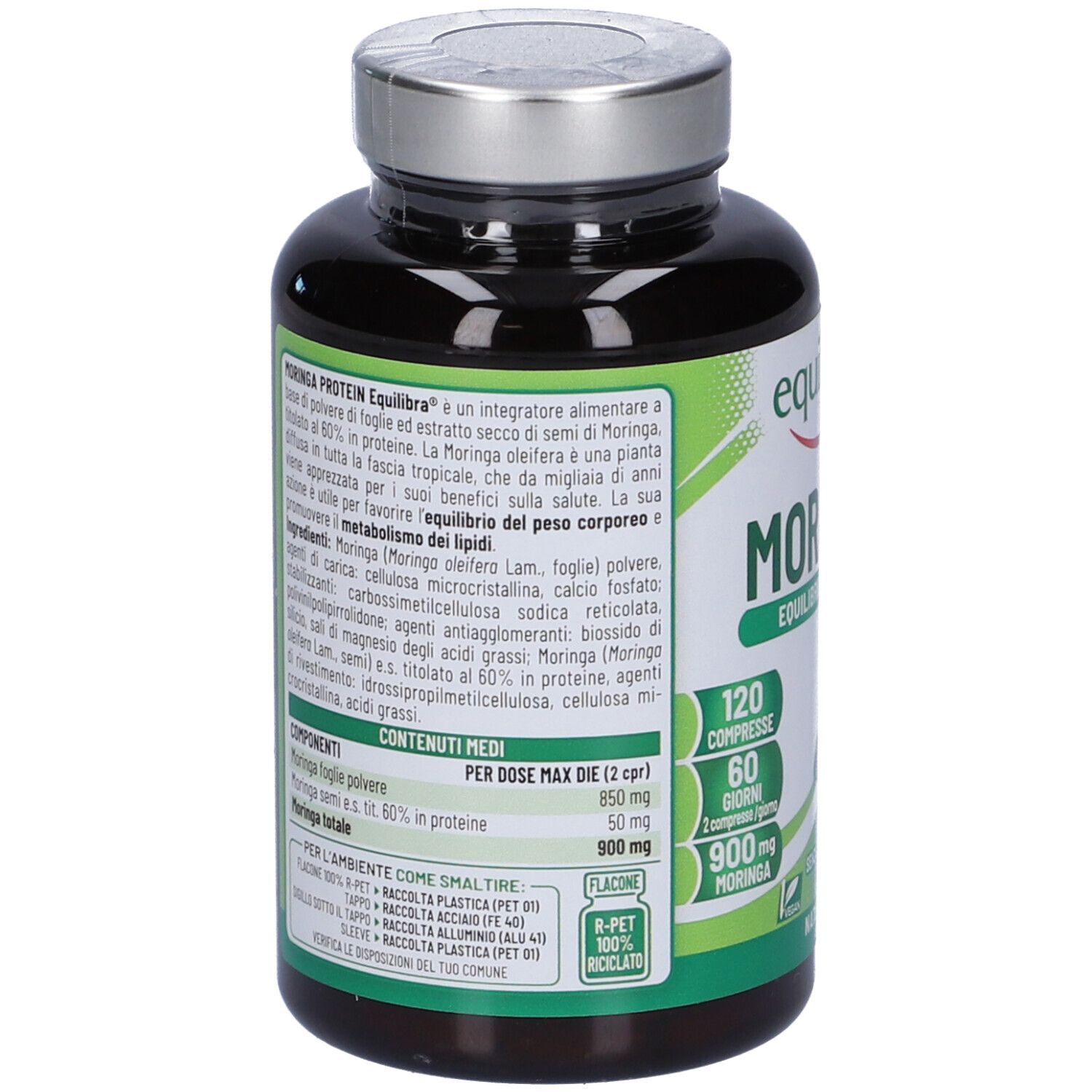 Retro del flacone. Informazioni testuali su 'Moringa Protein Equilibra'. Ingredienti e valori nutrizionali visibili.