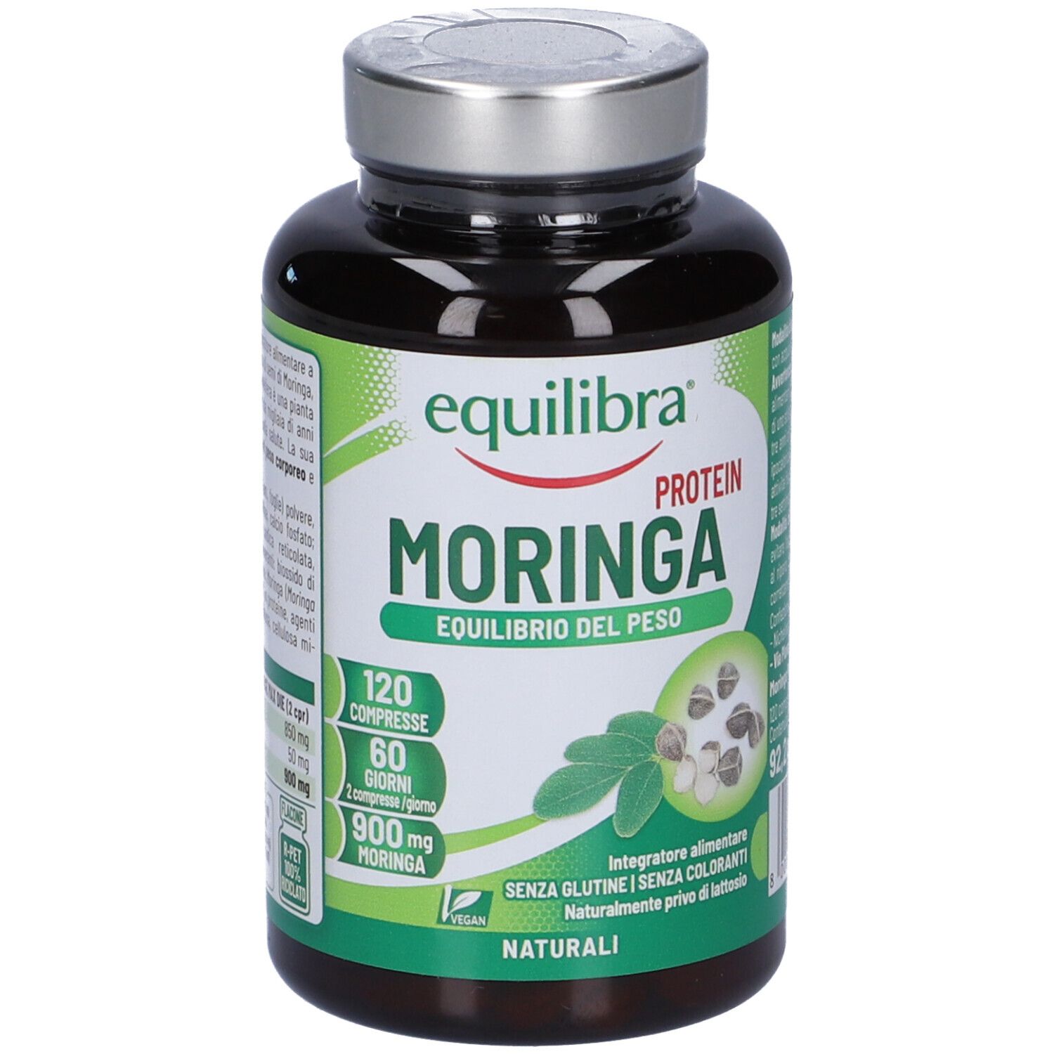 Flacone scuro con tappo argentato. Etichetta 'equilibra Protein Moringa'. Contiene 120 compresse. Sigillo vegano.