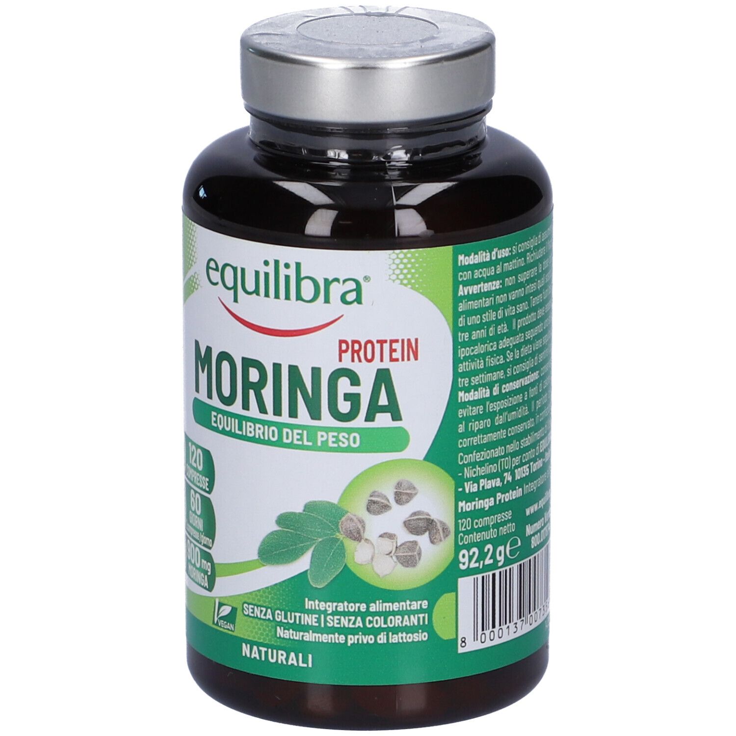 Flacone scuro con tappo argentato. Etichetta 'equilibra Protein Moringa'. Contiene 120 compresse, 92,2g.